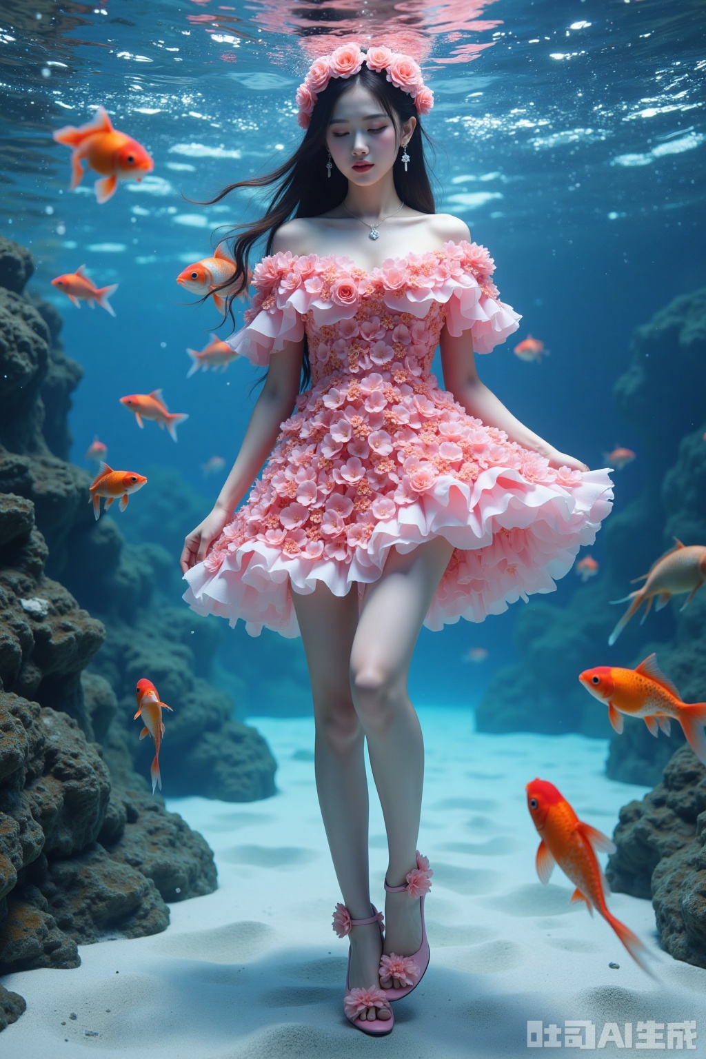 Realistic photo of a young woman with long hair, eyes closed, fair skin, big breasts, off-shoulder pink dress made up of flowers, long legs, pink flowers high heels, full body, underwater, goldfish,