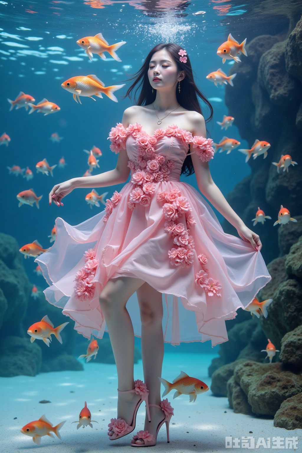 Realistic photo of a young woman with long hair, eyes closed, fair skin, big breasts, off-shoulder pink dress made up of flowers, long legs, pink flowers high heels, full body, underwater, goldfish,