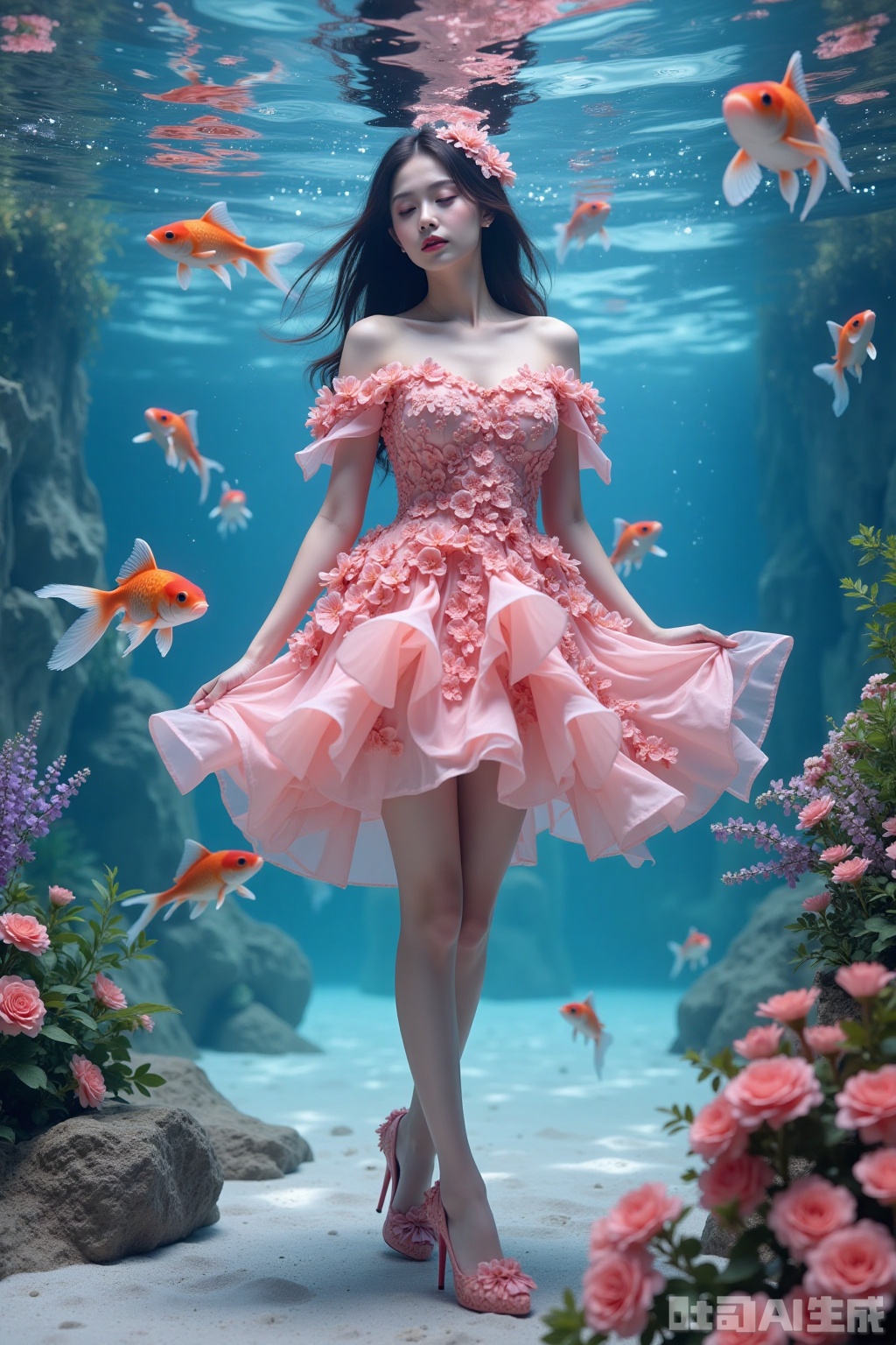Realistic photo of a young woman with long hair, eyes closed, fair skin, big breasts, off-shoulder pink dress made up of flowers, long legs, pink flowers high heels, full body, underwater, goldfish,