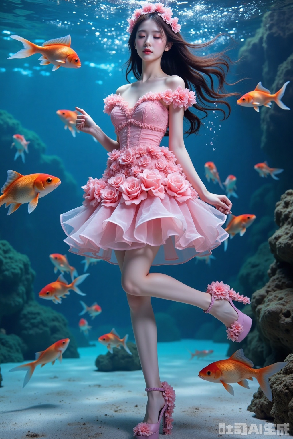 Realistic photo of a young woman with long hair, eyes closed, fair skin, big breasts, off-shoulder pink dress made up of flowers, long legs, pink flowers high heels, full body, underwater, goldfish,