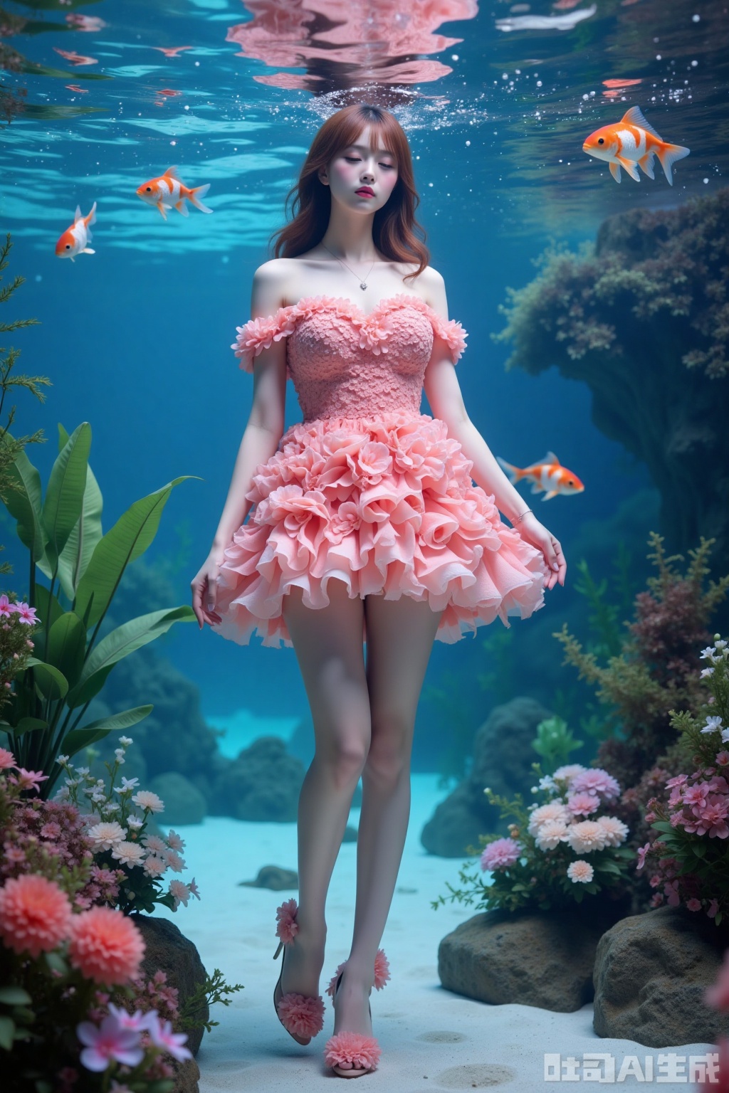 Realistic photo of a young woman with long hair, eyes closed, fair skin, big breasts, off-shoulder pink dress made up of flowers, long legs, pink flowers high heels, full body, underwater, goldfish,
