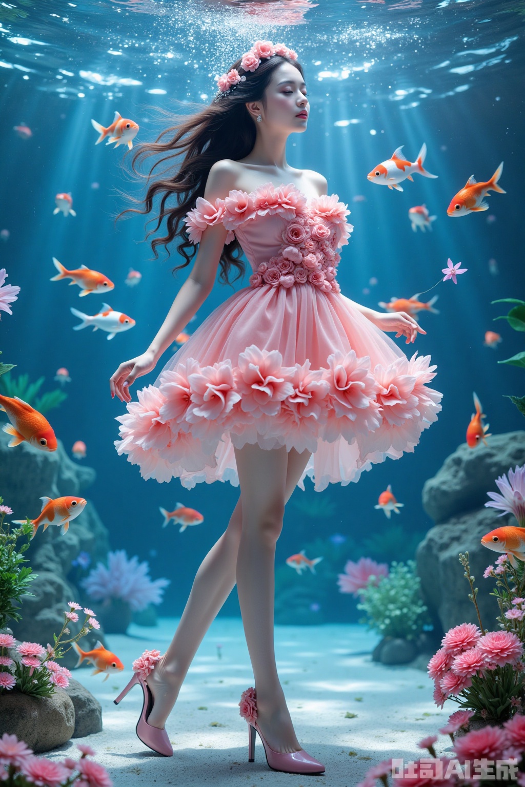 Realistic photo of a young woman with long hair, eyes closed, fair skin, big breasts, off-shoulder pink dress made up of flowers, long legs, pink flowers high heels, full body, underwater, goldfish,