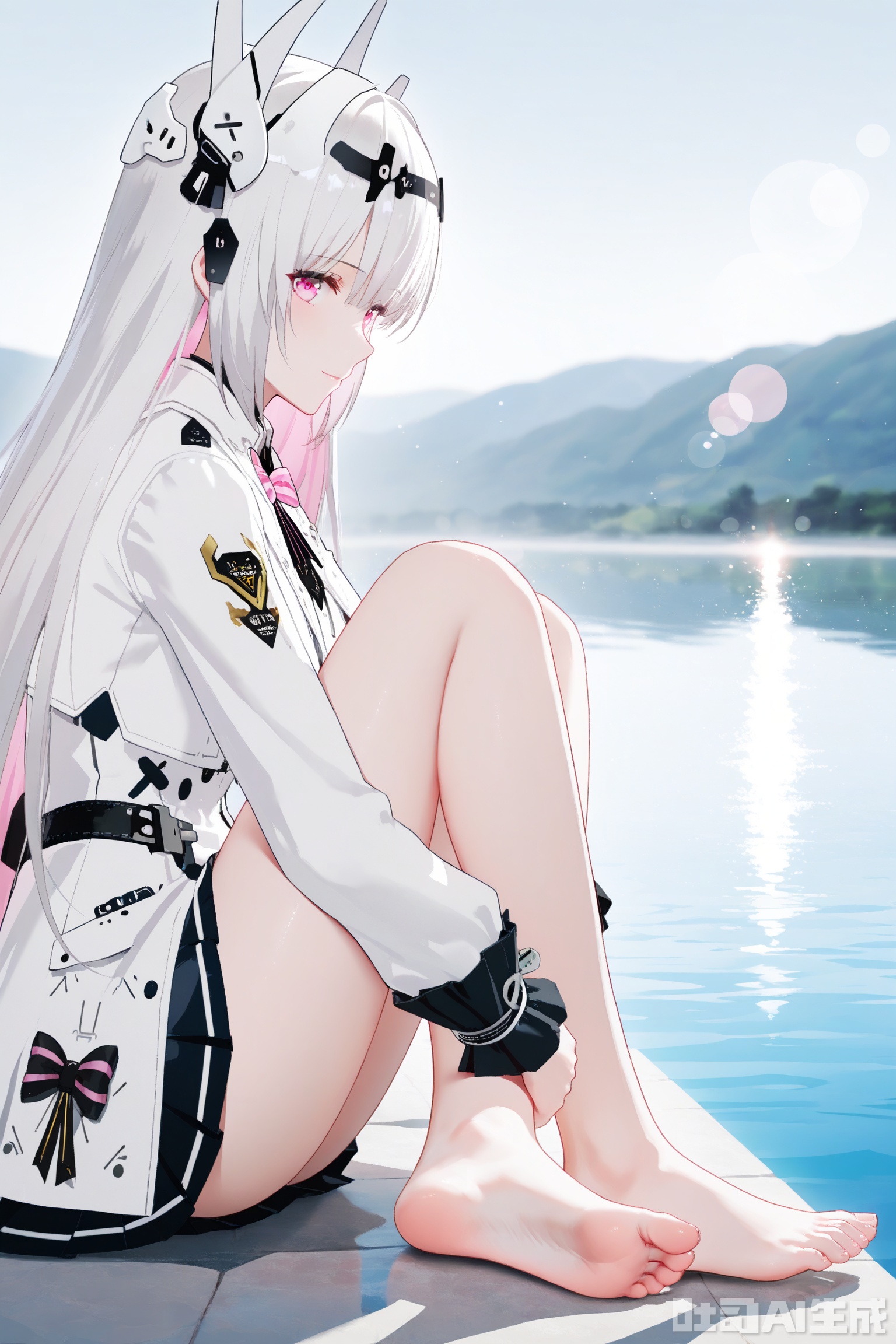  1girl,,liv,liv-eclipse/(punishing gray raven), solo, long hair, bangs,  white hair, pink eyes, headgear,white coat, pink inner hair,soft gentle eyes,light smile,depth of field, light particles, lens flare, masterpiece,best quality,((artist:reoen),(artist:fuzichoco),(artist:atdan),(artist:torino_aqua:0.5),year 2024:0.5),(artist:omone_hokoma_agm:0.8), 2d, anime,full body,sitting by lake,barefoot,
 soles,cross legged,looking at viewer,from side,bare legs