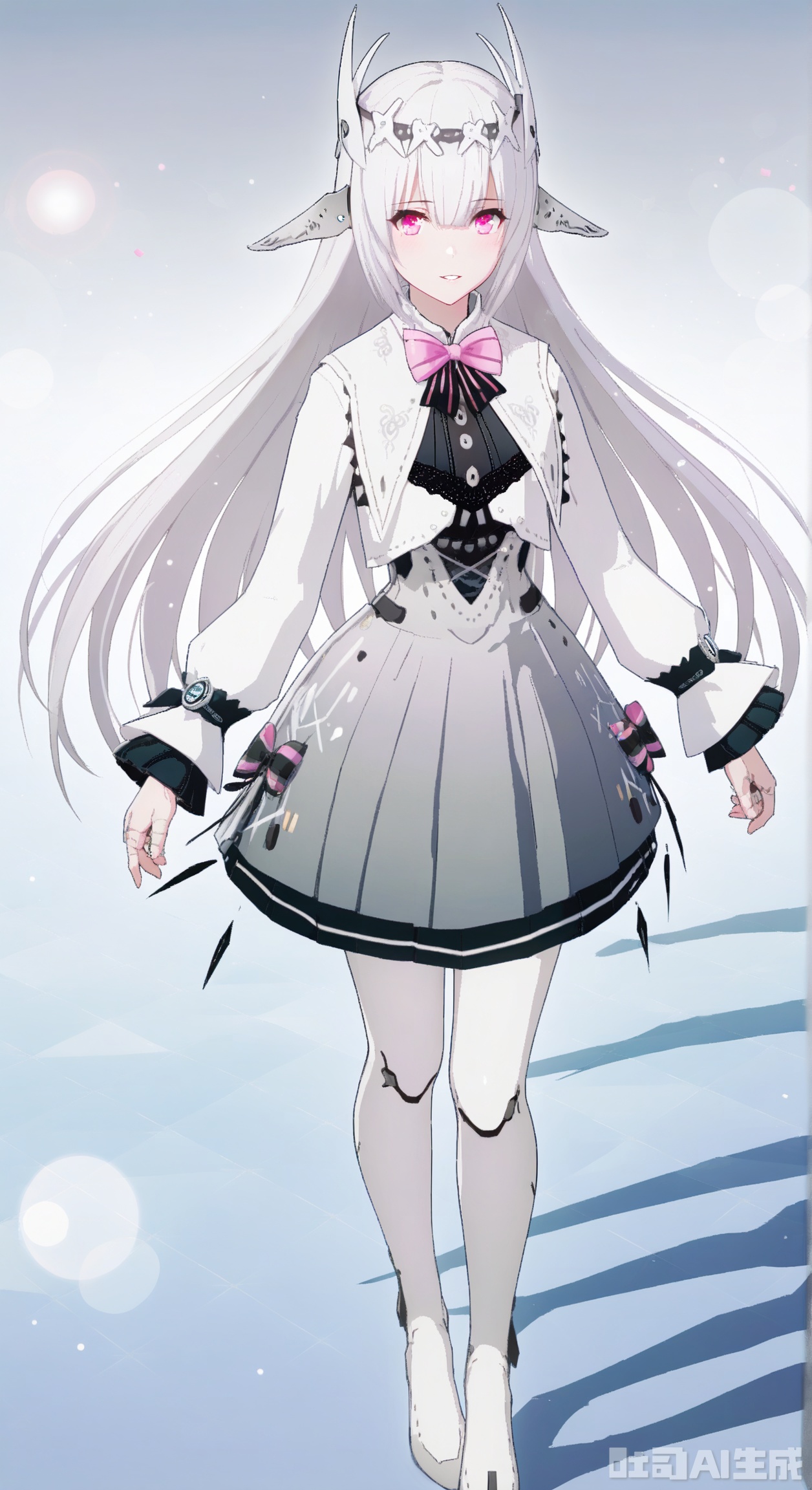  liv,1girl, solo, long hair, looking at viewer, skirt, long sleeves, dress, bow, very long hair, full body, white hair, bowtie, pink eyes, android, joints, robot joints,soft gentle eyes,gentle expression,parted lips,light smile,depth of field, light particles, lens flare, masterpiece,best quality,((artist:reoen),(artist:fuzichoco),(artist:atdan),(artist:torino_aqua:0.5),year 2024:0.5),(artist:omone_hokoma_agm:0.8), 2d, anime,full body,floating,from above