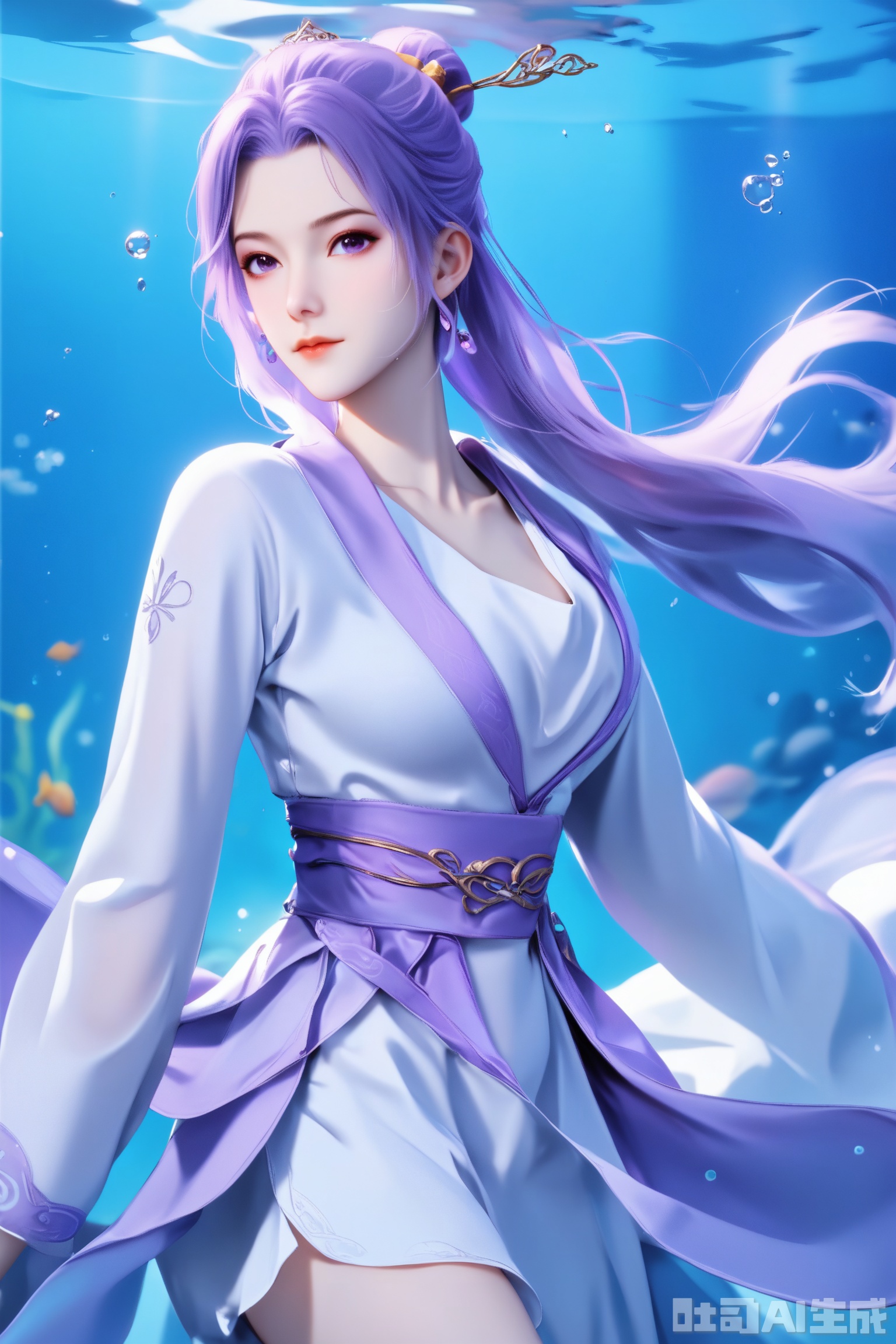 1girl, solo, score_9,score_8_up,long hair, hair ornament, long sleeves, dress, purple eyes,ponytail, purple hair, hair bun, white dress,  sash,The Purple Dress,upper body,looking at viewer,underwater,underwater,