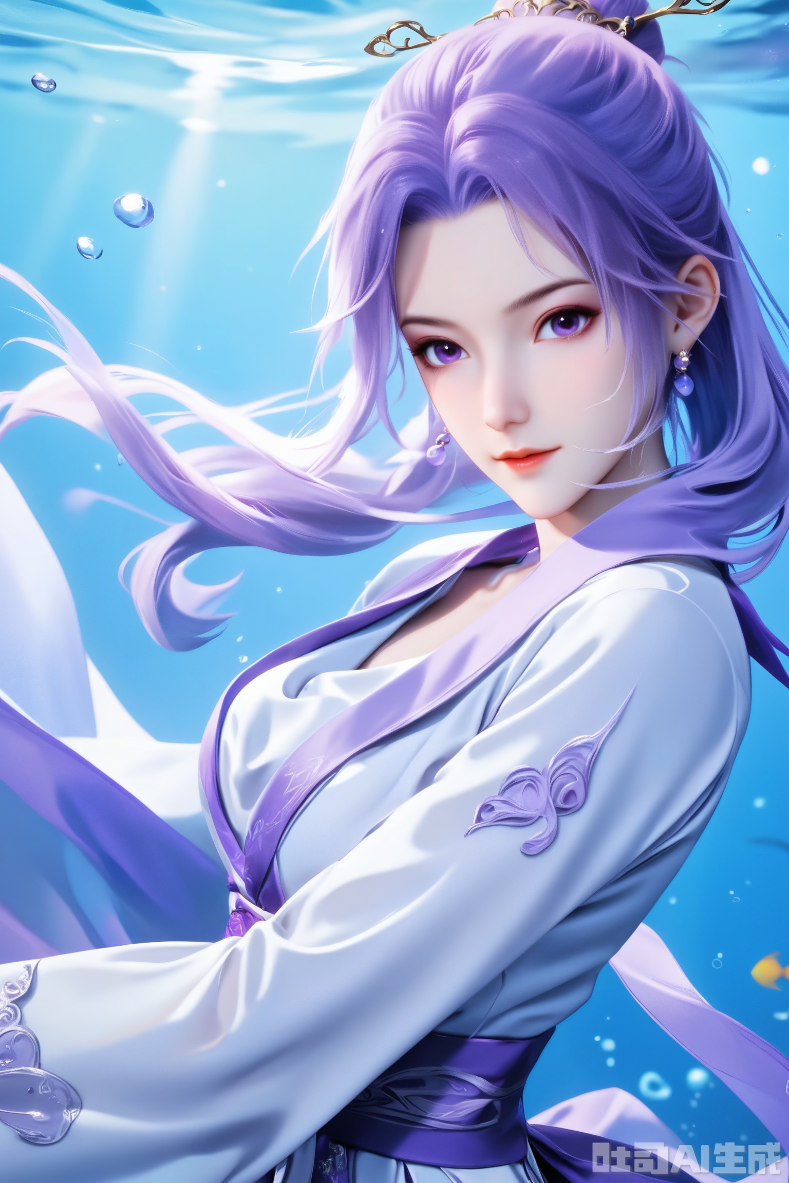 1girl, solo, score_9,score_8_up,long hair, hair ornament, long sleeves, dress, purple eyes,ponytail, purple hair, hair bun, white dress,  sash,The Purple Dress,upper body,looking at viewer,underwater,underwater,
