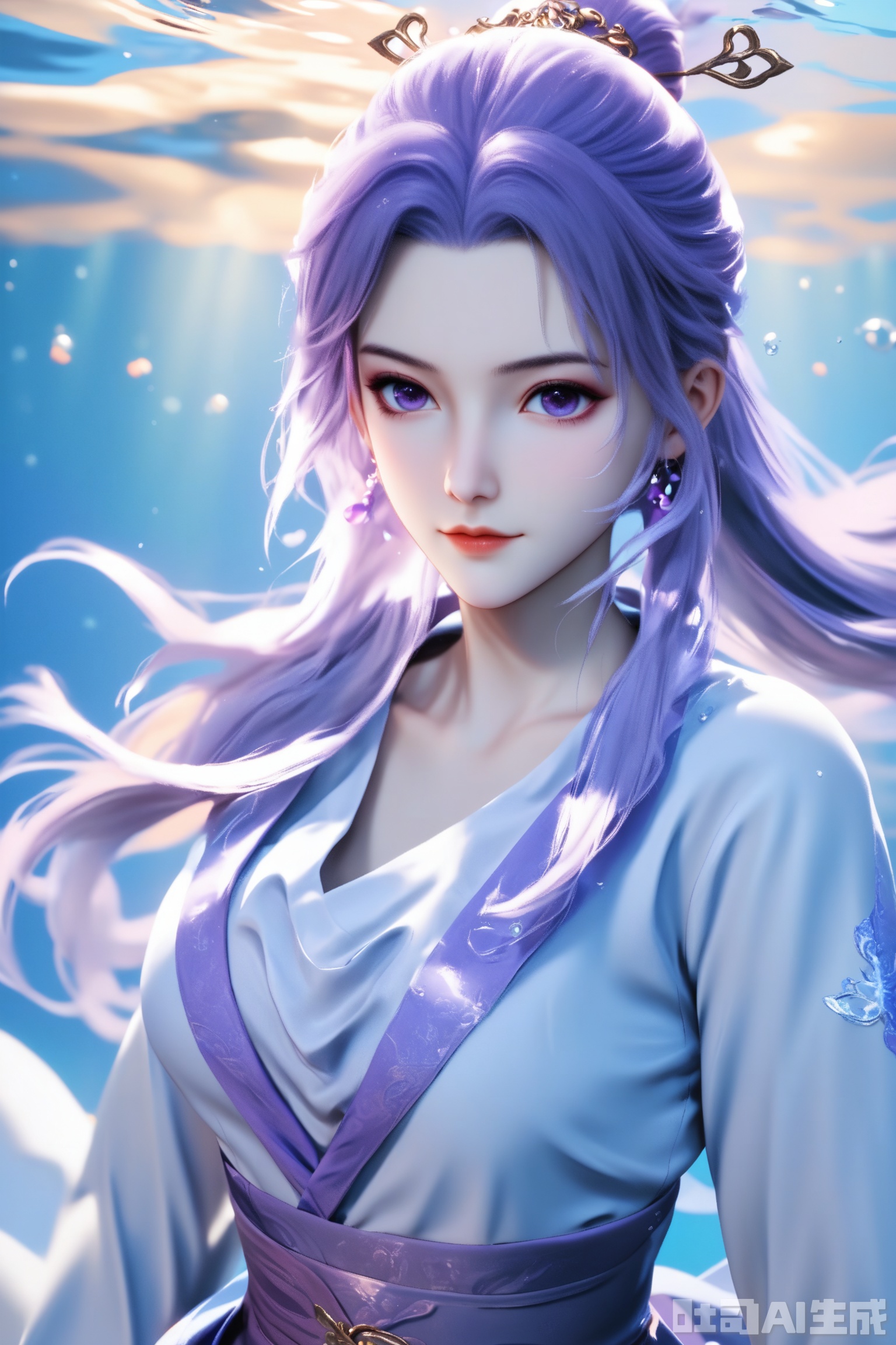 1girl, solo, score_9,score_8_up,long hair, hair ornament, long sleeves, dress, purple eyes,ponytail, purple hair, hair bun, white dress,  sash,The Purple Dress,upper body,looking at viewer,underwater,underwater,