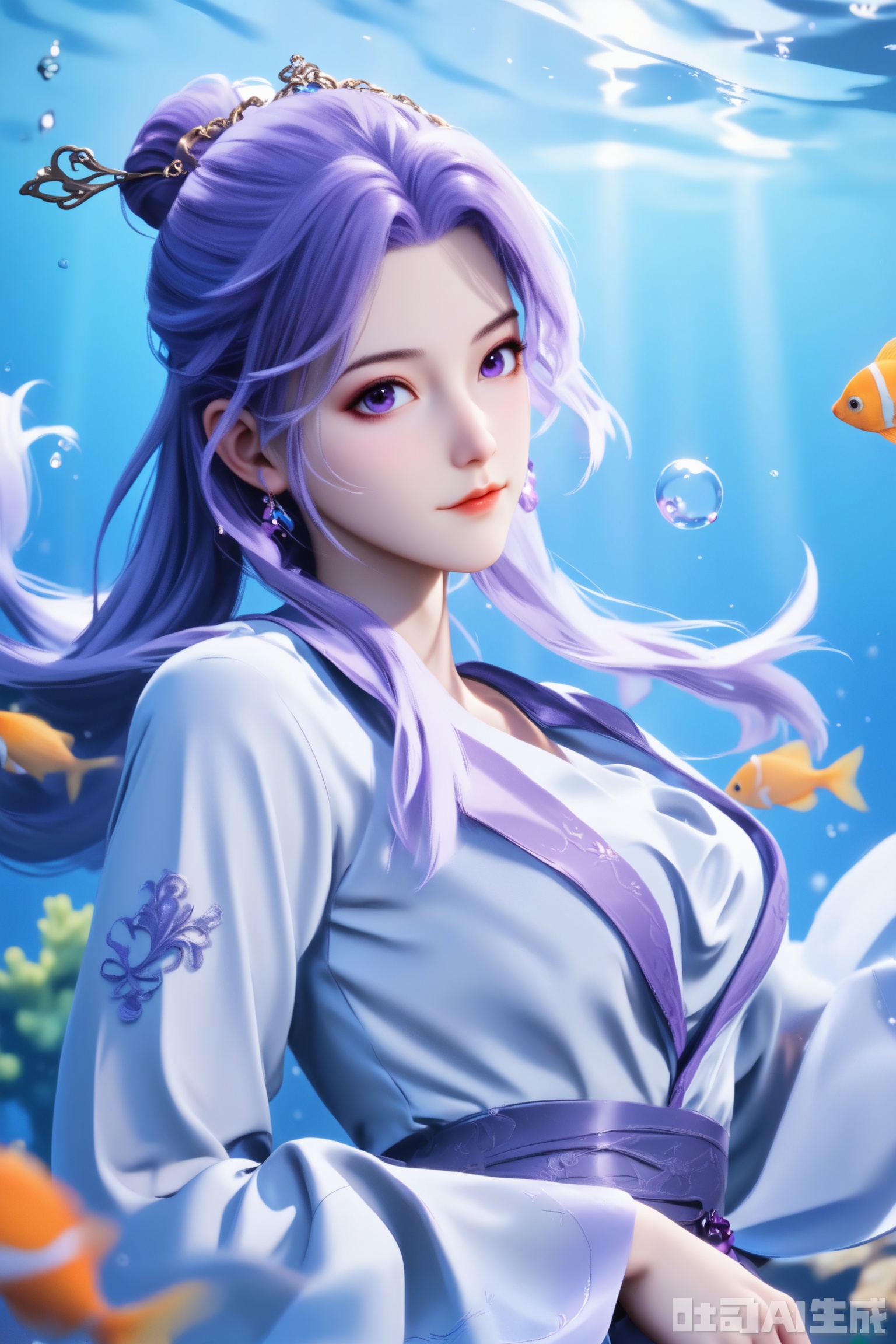 1girl, solo, score_9,score_8_up,long hair, hair ornament, long sleeves, dress, purple eyes,ponytail, purple hair, hair bun, white dress,  sash,The Purple Dress,upper body,looking at viewer,underwater,underwater,