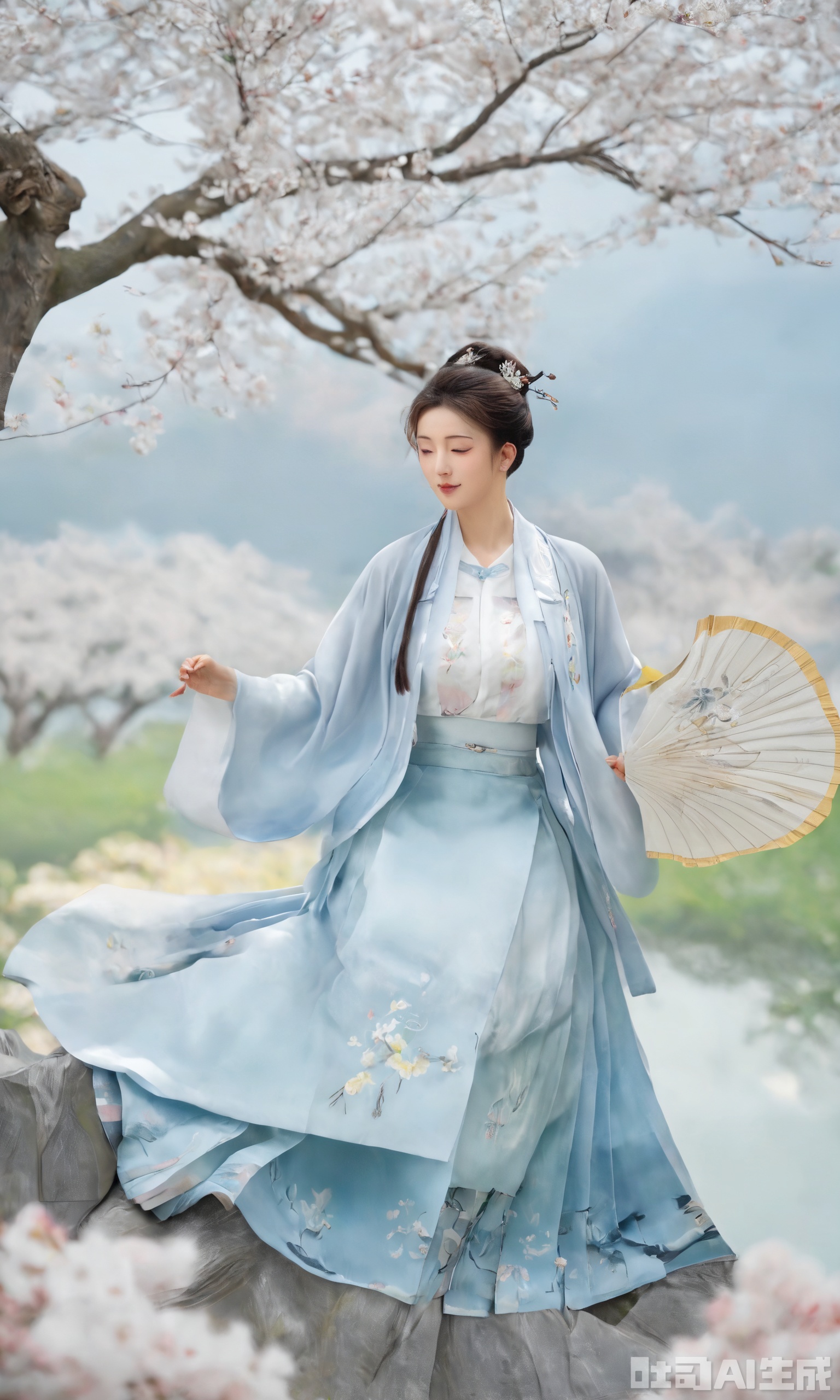 Best quality, Realistic, photorealistic, masterpiece, a person dressed in traditional East Asian attire, specifically a hanfu. The outfit consists of a white top with buttons and a long, flowing skirt that features intricate designs and calligraphy. The person is holding a traditional Japanese fan, which adds to the cultural theme. The background is decorated with cherry blossoms, which are often associated with spring and renewal in East Asian culture. The setting appears to be a garden or a traditional courtyard, enhancing the serene and elegant atmosphere.,(huge breasts:2.59),Xxiaolongnv,Xsutaner,Xyunxiao,Xningyao,Xmingzhihanfu,Xsongzhihanfu,Xvangoghs,Xqhcqipao