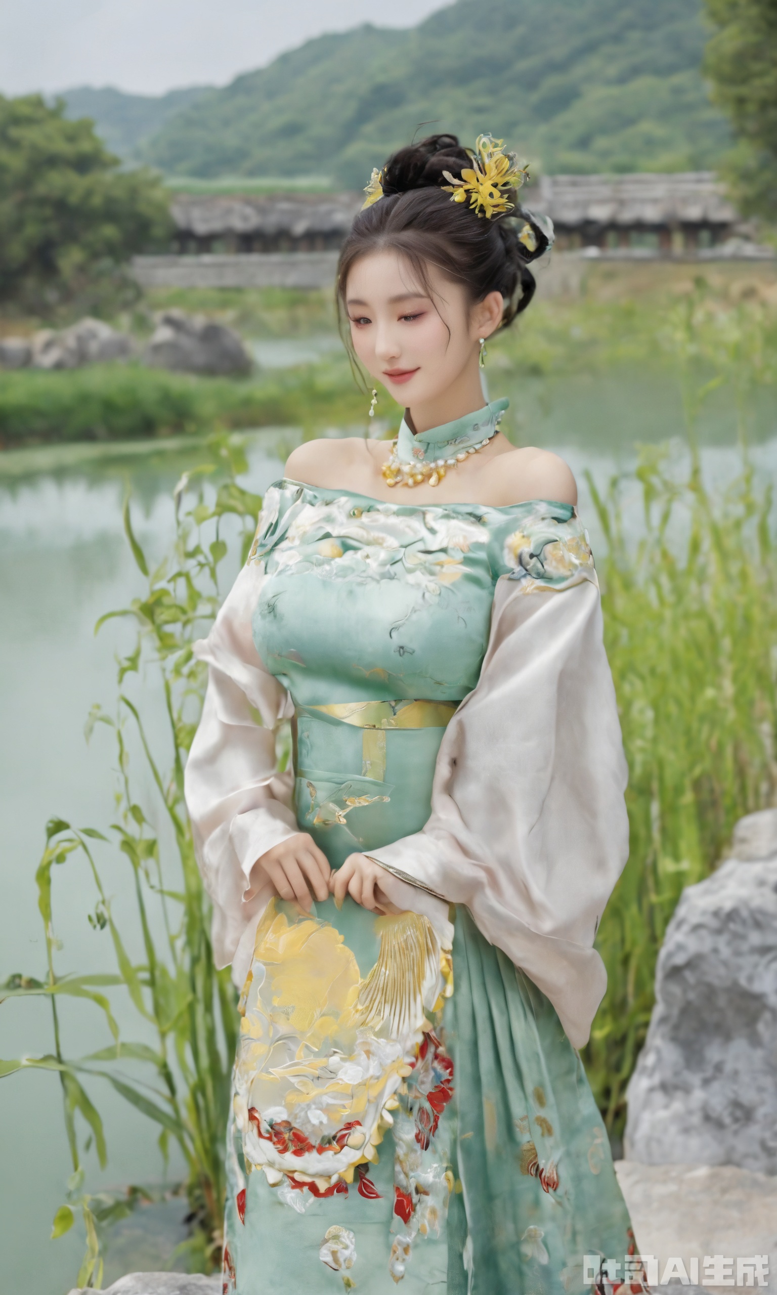 (masterpiece,best quality:1.23),A girl dressed in a Ming - style stand - collar short gown paired with a cloud shoulder and a mamian skirt. The short gown is embroidered with Ming - dynasty sunflower patterns. The cloud shoulder has patterns outlined with gold thread. She has a headdress of pearls and jade, a beeswax - pendant necklace around her neck, and a red - coral bracelet on her hand. Standing on the summer stone bridge, there is gentle green water flowing beneath with swaying waterweeds,(huge breasts, full breasts:2.98)Xxiaolongnv,Xsutaner,Xyunxiao,Xningyao,Xmingzhihanfu,Xsongzhihanfu,Xvangoghs,Xqhcqipao