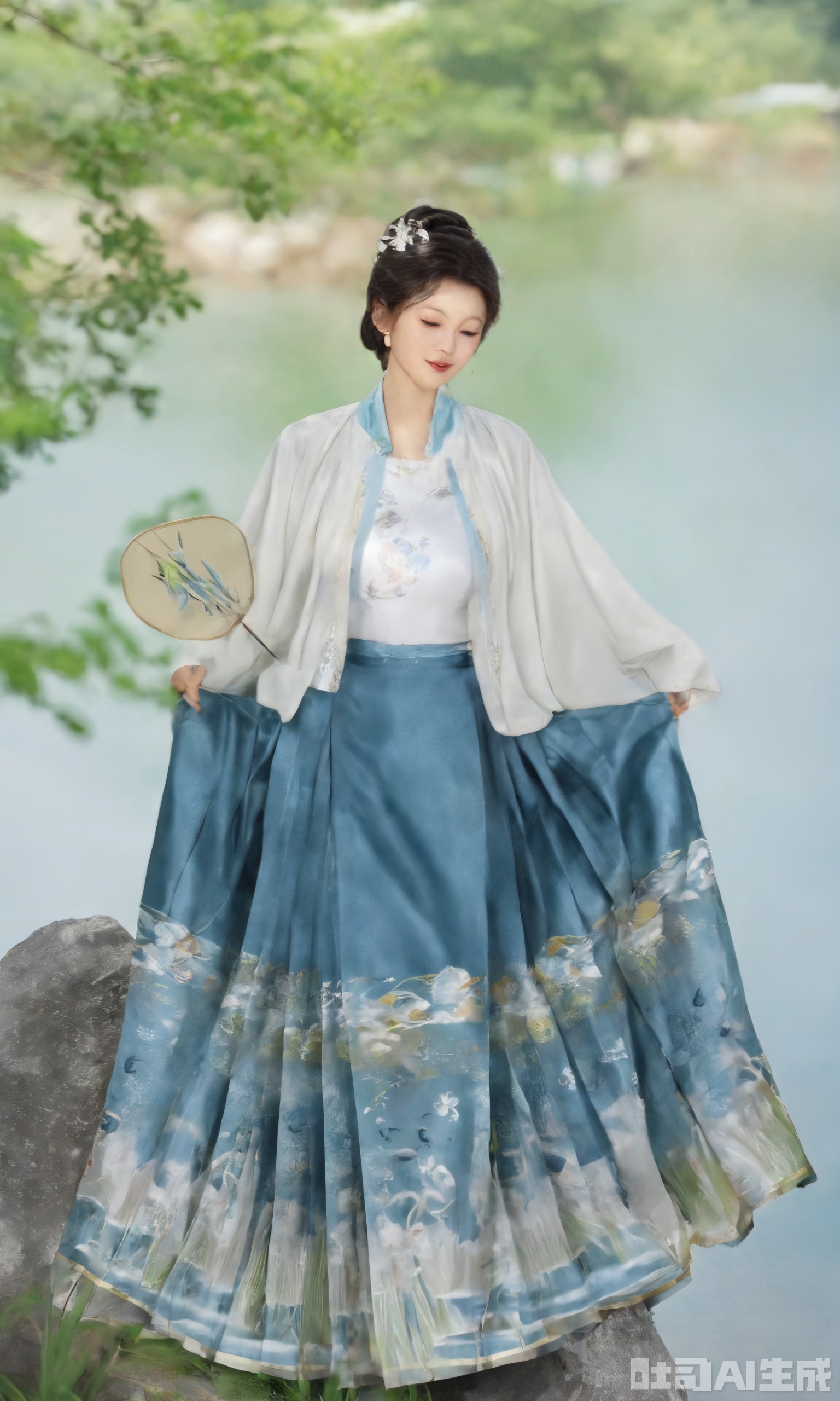 Best quality,a person dressed in traditional attire, standing by a serene body of water. The person is wearing a white blouse with short sleeves and a long, flowing skirt. The skirt is light blue with an intricate design featuring what appears to be traditional architectural elements. The person is holding a traditional Japanese fan, which is open and held up to their face, allowing them to enjoy the breeze. The background is lush and green, suggesting a peaceful, natural setting. The overall atmosphere of the image is calm and reflective, with a focus on traditional and cultural elements.,(huge breasts:2.89),Xxiaolongnv,Xsutaner,Xyunxiao,Xningyao,Xmingzhihanfu,Xsongzhihanfu,Xvangoghs,Xqhcqipao