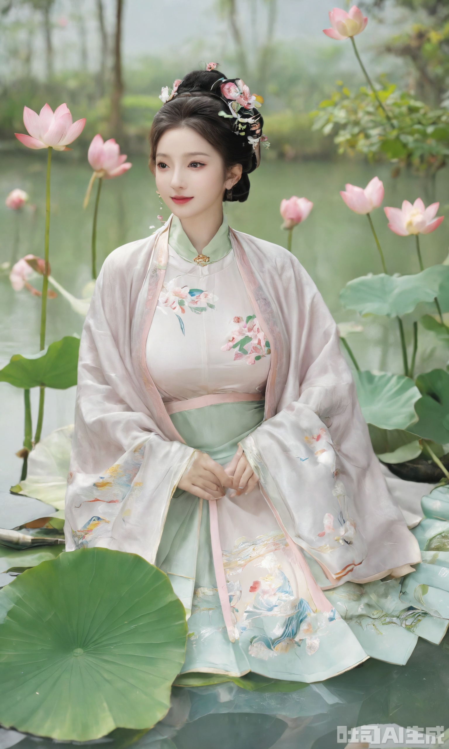 Best quality, Realistic, photorealistic, masterpiece, (huge breasts:2.39) , best shadow, huge filesize ,(huge breasts:2.59) incredibly absurdres, absurdres, looking at viewer, transparent, smog, gauze, vase, petals, room, ancient Chinese style, detailed background, wide shot background, (((1gilr,black hair))),(Sitting on the lotus pond porch:1.39) ,(huge breasts:2.59),(A pond full of pink lotus flowers:1.3),close up of 1girl,Hairpins,hair ornament,hair wings,slim,narrow waist,(huge breasts:2.69),perfect eyes,beautiful perfect face,pleasant smile,perfect female figure,detailed skin,charming,alluring,seductive,erotic,enchanting,delicate pattern,detailed complex and rich exquisite clothing detail,delicate intricate fabrics, Morning Serenade In the gentle morning glow, (a woman in a pink lotus-patterned Hanfu stands in an indoor courtyard:1.26),(Chinese traditional dragon and phoenix embroidered Hanfu:1.3), admiring the tranquil garden scenery. The lotus-patterned Hanfu, embellished with silver-thread embroidery, is softly illuminated by the morning light. The light mint green Hanfu imparts a sense of calm and freshness, adorned with delicate lotus patterns, with a blurred background to enhance the peaceful atmosphere,(huge breasts:2.89),Xxiaolongnv,Xsutaner,Xyunxiao,Xningyao,Xmingzhihanfu,Xsongzhihanfu,Xvangoghs,Xqhcqipao