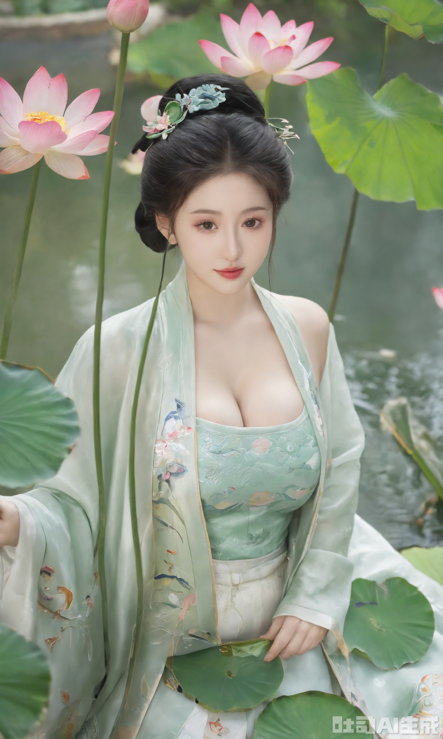 Best quality, Realistic, photorealistic, masterpiece, (huge breasts:2.39) , best shadow, huge filesize ,(huge breasts:2.59) incredibly absurdres, absurdres, looking at viewer, transparent, smog, gauze, vase, petals, room, ancient Chinese style, detailed background, wide shot background, (((1gilr,black hair))),(Sitting on the lotus pond porch:1.39) ,(huge breasts:2.59),(A pond full of pink lotus flowers:1.3),close up of 1girl,Hairpins,hair ornament,hair wings,slim,narrow waist,(huge breasts:2.69),perfect eyes,beautiful perfect face,pleasant smile,perfect female figure,detailed skin,charming,alluring,seductive,erotic,enchanting,delicate pattern,detailed complex and rich exquisite clothing detail,delicate intricate fabrics, Morning Serenade In the gentle morning glow, (a woman in a pink lotus-patterned Hanfu stands in an indoor courtyard:1.26),(Chinese traditional dragon and phoenix embroidered Hanfu:1.3), admiring the tranquil garden scenery. The lotus-patterned Hanfu, embellished with silver-thread embroidery, is softly illuminated by the morning light. The light mint green Hanfu imparts a sense of calm and freshness, adorned with delicate lotus patterns, with a blurred background to enhance the peaceful atmosphere,(huge breasts:2.89),Xxiaolongnv,Xsutaner,Xyunxiao,Xningyao,Xmingzhihanfu,Xsongzhihanfu,Xvangoghs,Xqhcqipao