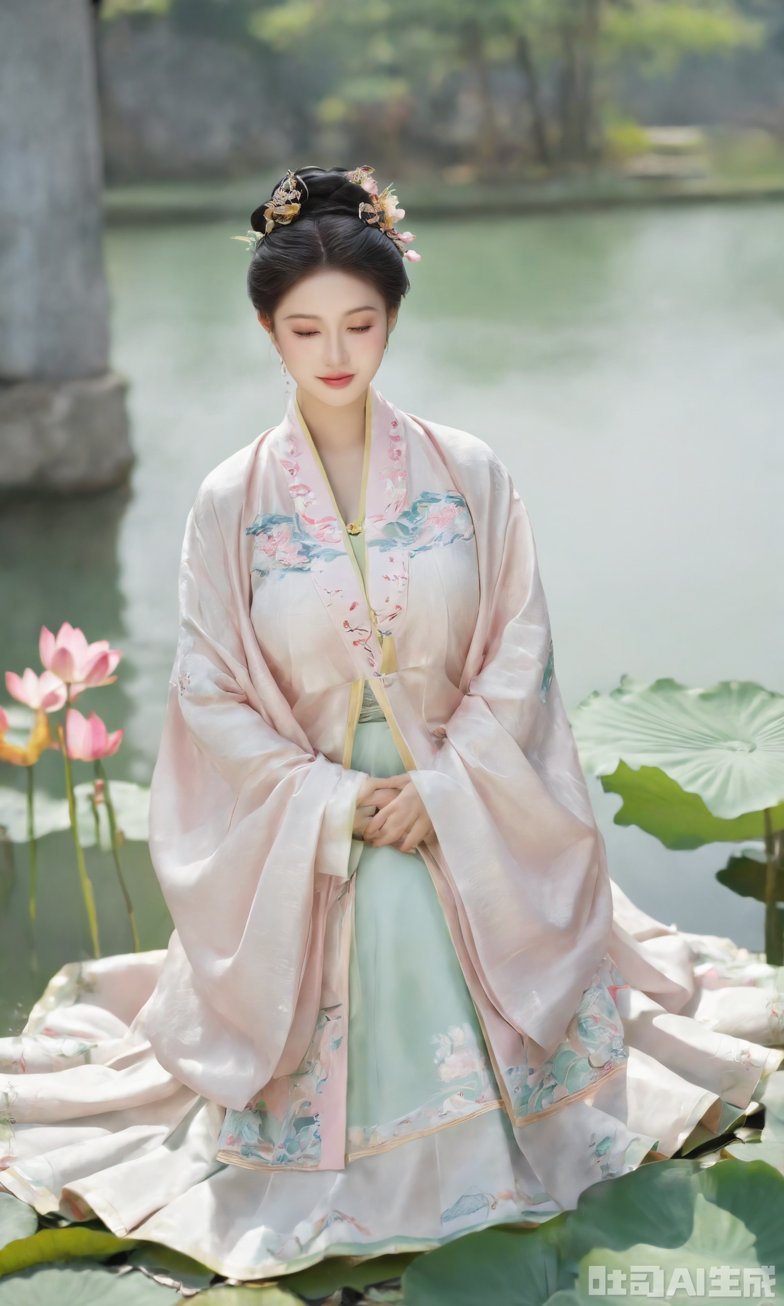 Best quality, Realistic, photorealistic, masterpiece, (huge breasts:2.39) , best shadow, huge filesize ,(huge breasts:2.59) incredibly absurdres, absurdres, looking at viewer, transparent, smog, gauze, vase, petals, room, ancient Chinese style, detailed background, wide shot background, (((1gilr,black hair))),(Sitting on the lotus pond porch:1.39) ,(huge breasts:2.59),(A pond full of pink lotus flowers:1.3),close up of 1girl,Hairpins,hair ornament,hair wings,slim,narrow waist,(huge breasts:2.69),perfect eyes,beautiful perfect face,pleasant smile,perfect female figure,detailed skin,charming,alluring,seductive,erotic,enchanting,delicate pattern,detailed complex and rich exquisite clothing detail,delicate intricate fabrics, Morning Serenade In the gentle morning glow, (a woman in a pink lotus-patterned Hanfu stands in an indoor courtyard:1.26),(Chinese traditional dragon and phoenix embroidered Hanfu:1.3), admiring the tranquil garden scenery. The lotus-patterned Hanfu, embellished with silver-thread embroidery, is softly illuminated by the morning light. The light mint green Hanfu imparts a sense of calm and freshness, adorned with delicate lotus patterns, with a blurred background to enhance the peaceful atmosphere,(huge breasts:2.89),Xxiaolongnv,Xsutaner,Xyunxiao,Xningyao,Xmingzhihanfu,Xsongzhihanfu,Xvangoghs,Xqhcqipao