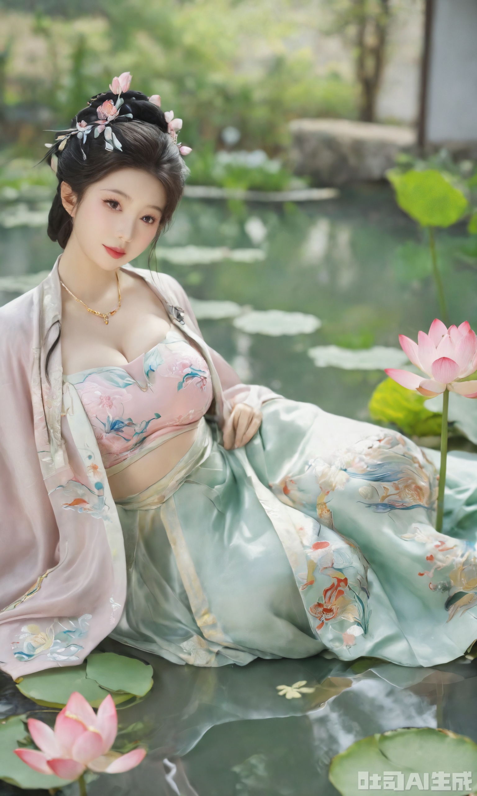 Best quality, Realistic, photorealistic, masterpiece, (huge breasts:2.39) , best shadow, huge filesize ,(huge breasts:2.59) incredibly absurdres, absurdres, looking at viewer, transparent, smog, gauze, vase, petals, room, ancient Chinese style, detailed background, wide shot background, (((1gilr,black hair))),(Sitting on the lotus pond porch:1.39) ,(huge breasts:2.59),(A pond full of pink lotus flowers:1.3),close up of 1girl,Hairpins,hair ornament,hair wings,slim,narrow waist,(huge breasts:2.69),perfect eyes,beautiful perfect face,pleasant smile,perfect female figure,detailed skin,charming,alluring,seductive,erotic,enchanting,delicate pattern,detailed complex and rich exquisite clothing detail,delicate intricate fabrics, Morning Serenade In the gentle morning glow, (a woman in a pink lotus-patterned Hanfu stands in an indoor courtyard:1.26),(Chinese traditional dragon and phoenix embroidered Hanfu:1.3), admiring the tranquil garden scenery. The lotus-patterned Hanfu, embellished with silver-thread embroidery, is softly illuminated by the morning light. The light mint green Hanfu imparts a sense of calm and freshness, adorned with delicate lotus patterns, with a blurred background to enhance the peaceful atmosphere,(huge breasts:2.89),Xxiaolongnv,Xsutaner,Xyunxiao,Xningyao,Xmingzhihanfu,Xsongzhihanfu,Xvangoghs,Xqhcqipao