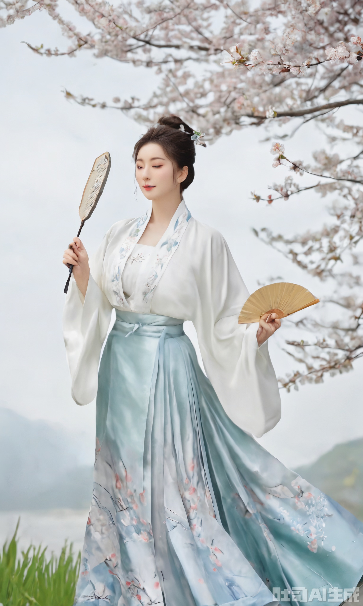 Best quality, Realistic, photorealistic, masterpiece, a person dressed in traditional East Asian attire, specifically a hanfu. The outfit consists of a white top with buttons and a long, flowing skirt that features intricate designs and calligraphy. The person is holding a traditional Japanese fan, which adds to the cultural theme. The background is decorated with cherry blossoms, which are often associated with spring and renewal in East Asian culture. The setting appears to be a garden or a traditional courtyard, enhancing the serene and elegant atmosphere.,(huge breasts:2.59),Xxiaolongnv,Xsutaner,Xyunxiao,Xningyao,Xmingzhihanfu,Xsongzhihanfu,Xvangoghs,Xqhcqipao