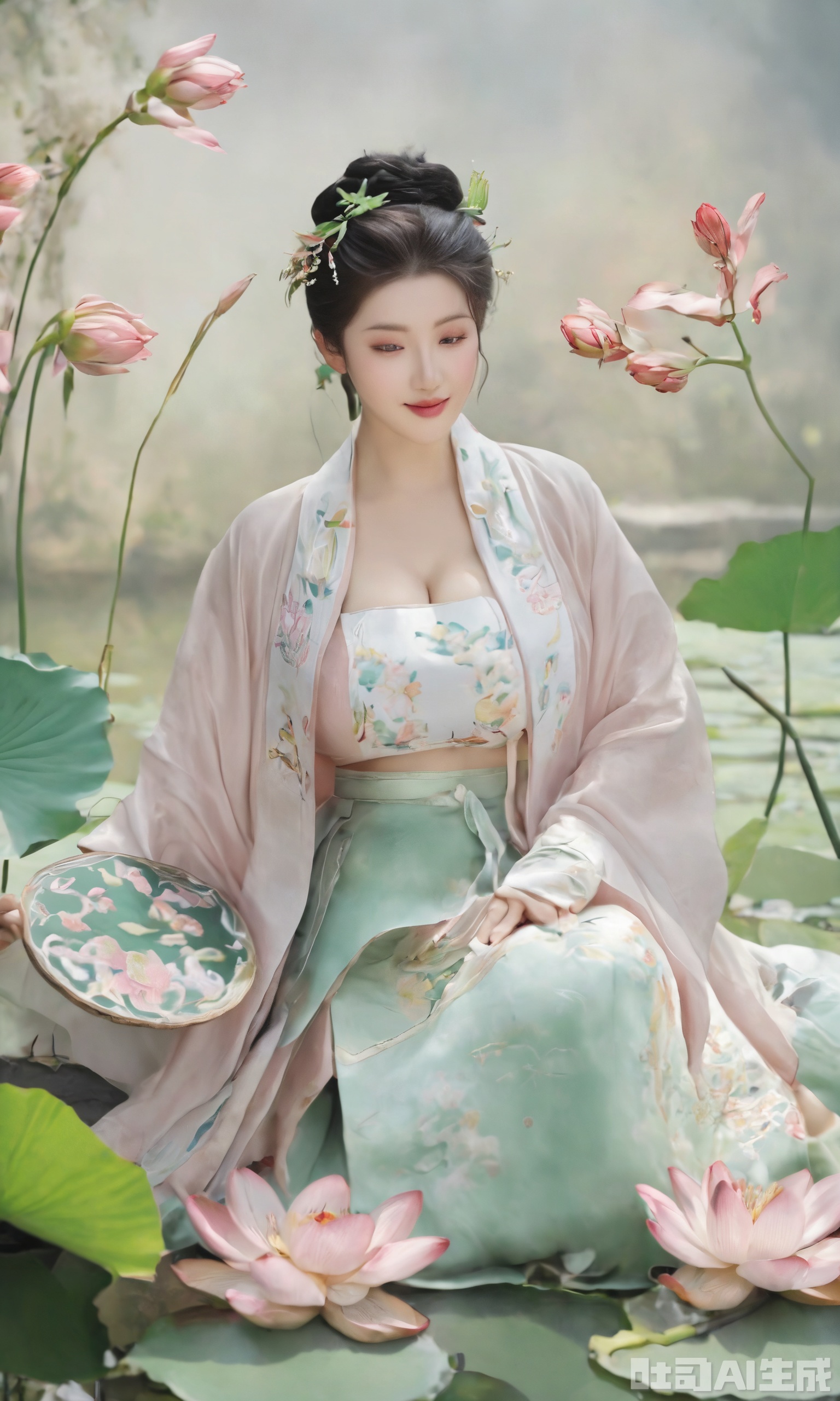 Best quality, Realistic, photorealistic, masterpiece, (huge breasts:2.39) , best shadow, huge filesize ,(huge breasts:2.59) incredibly absurdres, absurdres, looking at viewer, transparent, smog, gauze, vase, petals, room, ancient Chinese style, detailed background, wide shot background, (((1gilr,black hair))),(Sitting on the lotus pond porch:1.39) ,(huge breasts:2.59),(A pond full of pink lotus flowers:1.3),close up of 1girl,Hairpins,hair ornament,hair wings,slim,narrow waist,(huge breasts:2.69),perfect eyes,beautiful perfect face,pleasant smile,perfect female figure,detailed skin,charming,alluring,seductive,erotic,enchanting,delicate pattern,detailed complex and rich exquisite clothing detail,delicate intricate fabrics, Morning Serenade In the gentle morning glow, (a woman in a pink lotus-patterned Hanfu stands in an indoor courtyard:1.26),(Chinese traditional dragon and phoenix embroidered Hanfu:1.3), admiring the tranquil garden scenery. The lotus-patterned Hanfu, embellished with silver-thread embroidery, is softly illuminated by the morning light. The light mint green Hanfu imparts a sense of calm and freshness, adorned with delicate lotus patterns, with a blurred background to enhance the peaceful atmosphere,(huge breasts:2.89),Xxiaolongnv,Xsutaner,Xyunxiao,Xningyao,Xmingzhihanfu,Xsongzhihanfu,Xvangoghs,Xqhcqipao