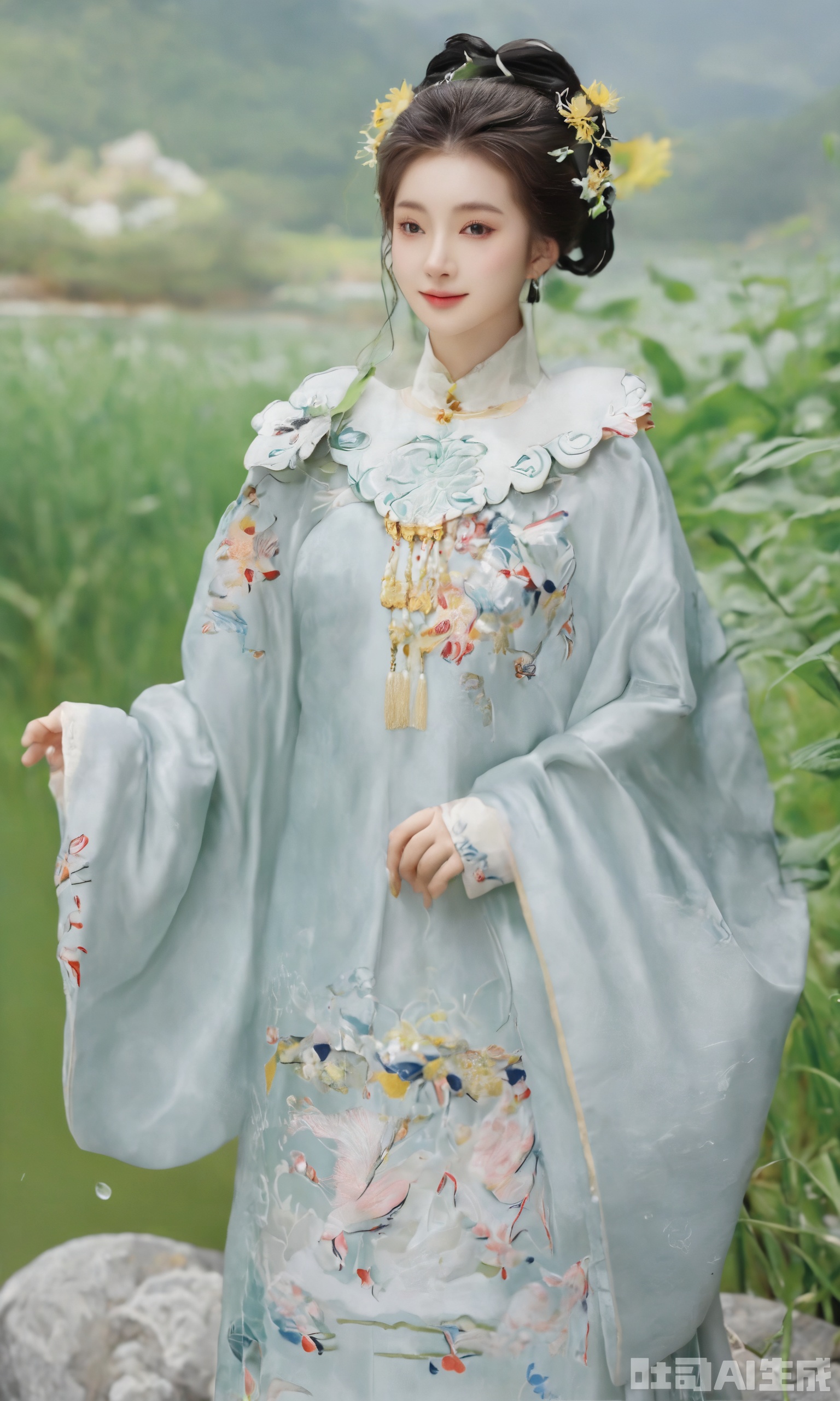 (masterpiece,best quality:1.23),A girl dressed in a Ming - style stand - collar short gown paired with a cloud shoulder and a mamian skirt. The short gown is embroidered with Ming - dynasty sunflower patterns. The cloud shoulder has patterns outlined with gold thread. She has a headdress of pearls and jade, a beeswax - pendant necklace around her neck, and a red - coral bracelet on her hand. Standing on the summer stone bridge, there is gentle green water flowing beneath with swaying waterweeds,(huge breasts, full breasts:2.98)Xxiaolongnv,Xsutaner,Xyunxiao,Xningyao,Xmingzhihanfu,Xsongzhihanfu,Xvangoghs,Xqhcqipao