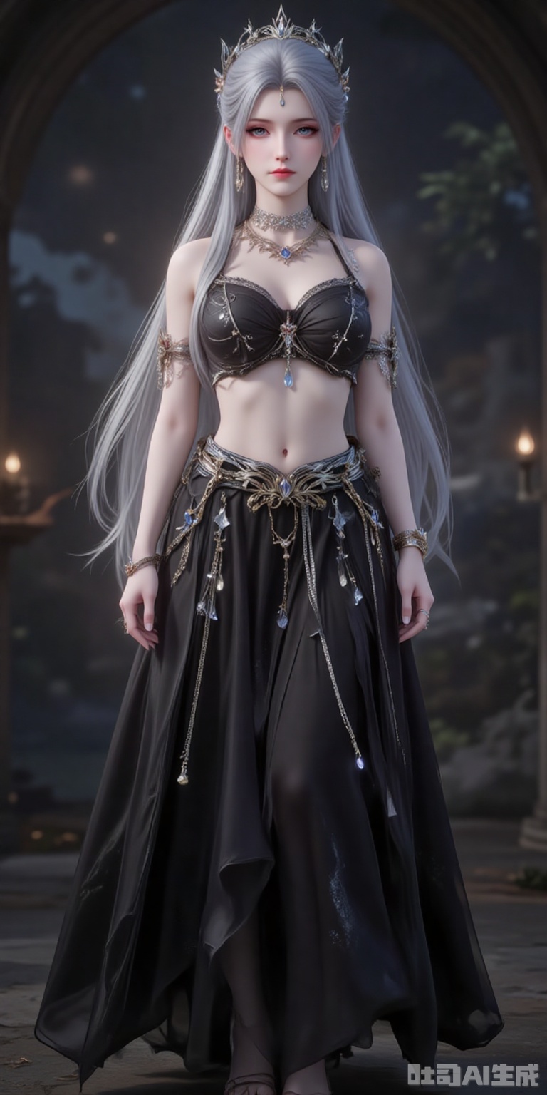 ,fuzhuang,1girl,solo,jewelry,bracelet,navel,skirt,midriff,necklace,long skirt,earrings,black skirt,standing,full body,armlet,,
close-up details,outstanding style,adding a touch of dimension to your images without compromising details,close-up,,lvjing,, anmiaoyi,
xuedi,white hair,long hair,blue eyes,fair_skin,jewelry,earrings,headpiece,eyeshadow,light blue eye shadow,(shadow:1.2)

