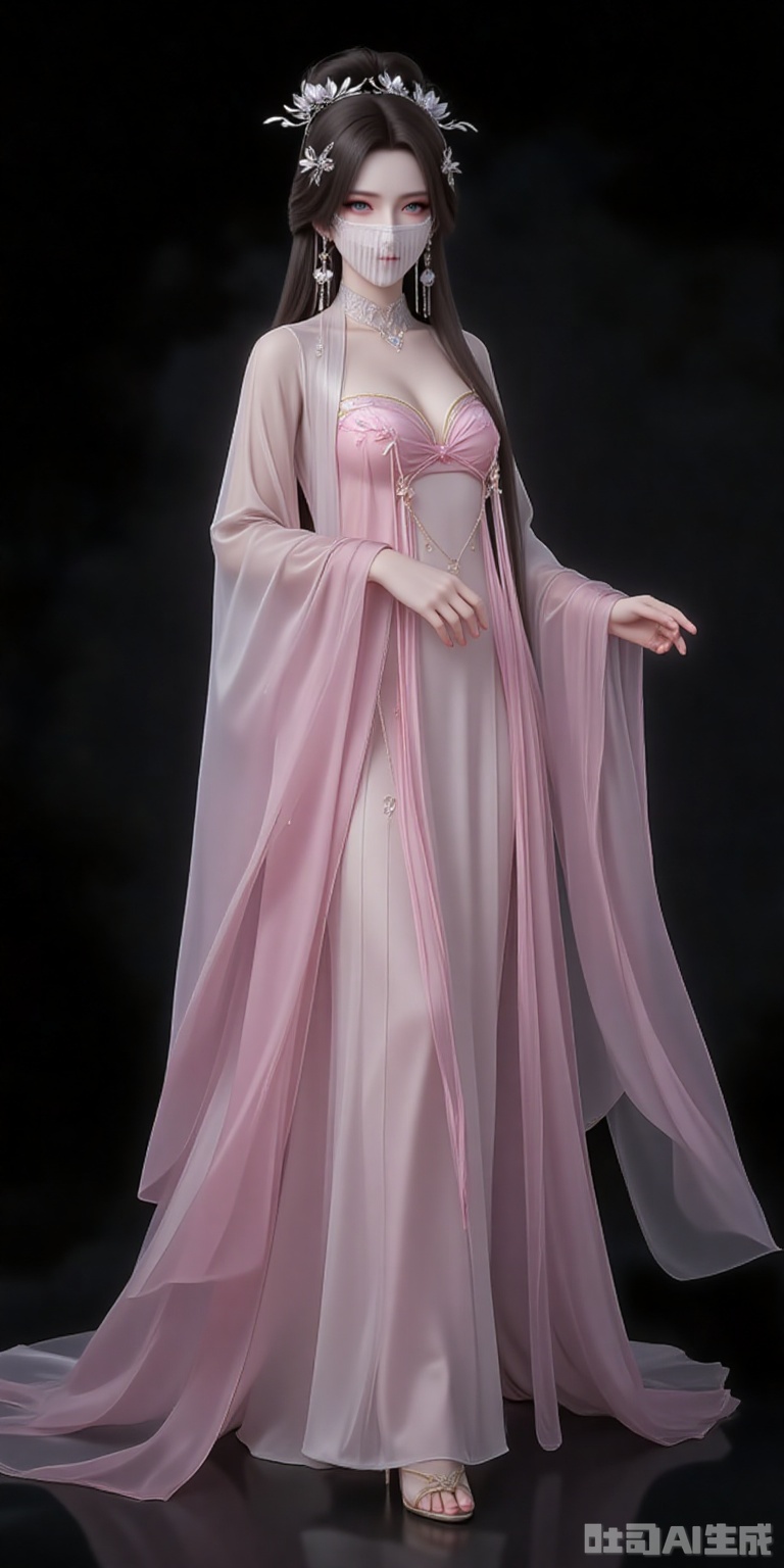 fuzhuang,1girl,solo,dress,chinese clothes,hanfu,pink dress,standing,long sleeves,jewelry,wide sleeves,black_background,simple background,high_heels, cover,gradient background,close-up details,outstanding style,adding a touch of dimension to your images without compromising details,close-up,,lvjing,, anmiaoyi,1girl,solo,jewelry,earrings,brown hair,looking at viewer,hair ornament,long hair,veil,large breasts,cleavage,mouth veil, lvjing,baoshi,pifu,(shadow:1.2)

