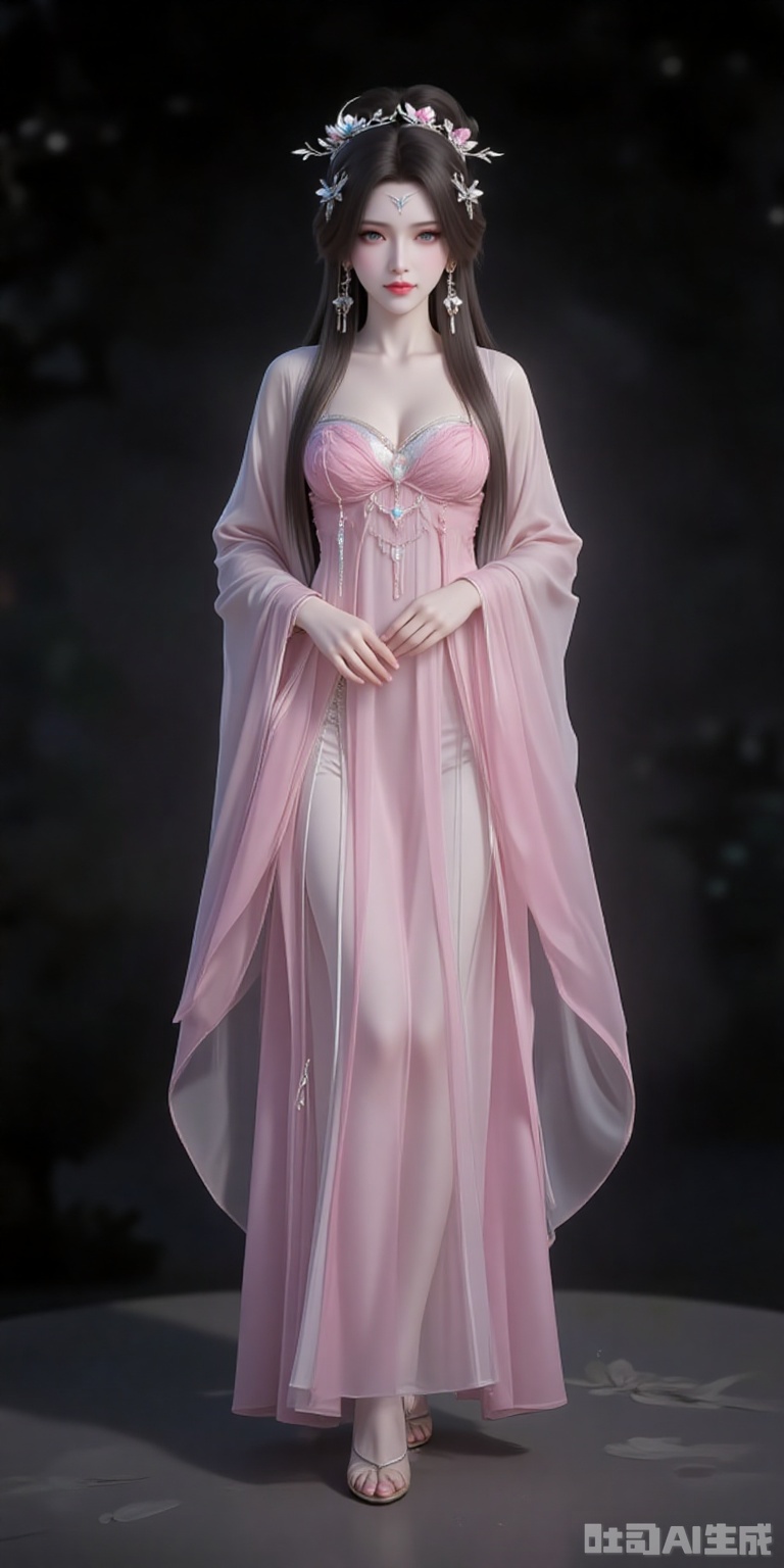 fuzhuang,1girl,solo,dress,chinese clothes,hanfu,pink dress,standing,long sleeves,jewelry,wide sleeves,black_background,simple background,high_heels, cover,gradient background,close-up details,outstanding style,adding a touch of dimension to your images without compromising details,close-up,,lvjing,, anmiaoyi,1girl,solo,jewelry,earrings,brown hair,looking at viewer,hair ornament,long hair,veil,large breasts,cleavage,mouth veil, lvjing,baoshi,pifu,(shadow:1.2)


