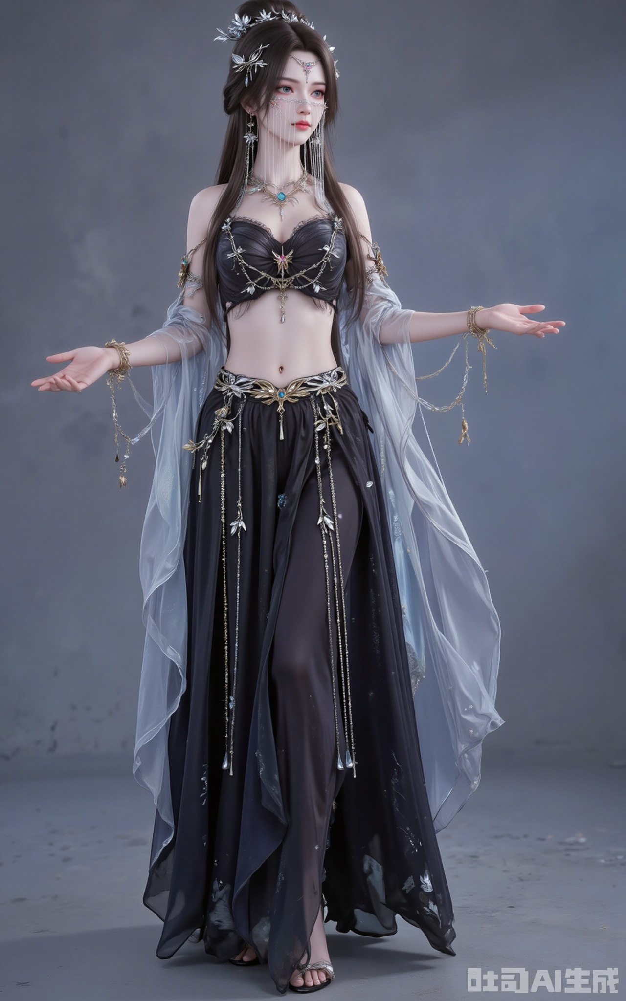 ,lvjing,anmiaoyi,1girl,solo,jewelry,earrings,brown hair,looking at viewer,hair ornament,long hair,veil,large breasts,cleavage,mouth veil,
fuzhuang,1girl,solo,jewelry,bracelet,navel,skirt,midriff,necklace,long skirt,earrings,black skirt,standing,full body,armlet,
cover,gradient background,close-up details,outstanding style,adding a touch of dimension to your images without compromising details,close-up,,lvjing,,
lvjing,pifu,baoshi,yafei