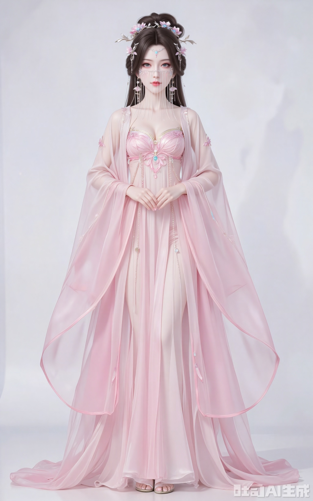 fuzhuang,1girl,solo,dress,chinese clothes,hanfu,pink dress,standing,long sleeves,jewelry,wide sleeves,white_background,simple background,high_heels,
cover,gradient background,close-up details,outstanding style,adding a touch of dimension to your images without compromising details,close-up,,lvjing,,
anmiaoyi,1girl,solo,jewelry,earrings,brown hair,looking at viewer,hair ornament,long hair,veil,large breasts,cleavage,mouth veil,
lvjing,baoshi,pifu,(shadow:1.2)