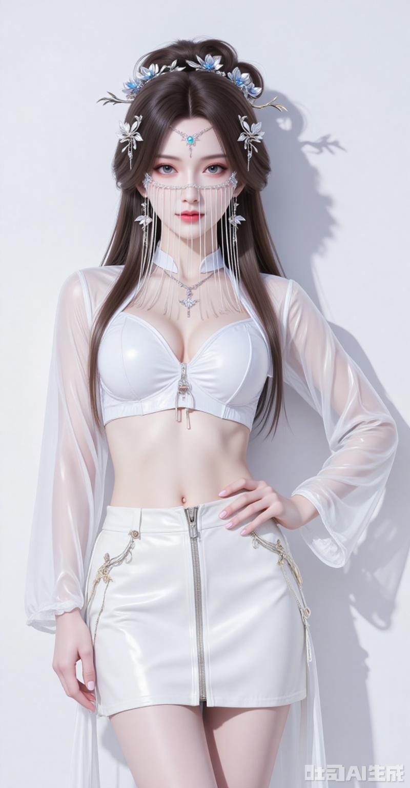 1girl,solo,skirt,earrings,zipper,jewelry,see-through,navel,hand on own hip,crop top,looking at viewer,midriff,shiny clothes,zipper pull tab,long sleeves,white background,simple background,nail polish,white skirt,jacket,cowboy shot,miniskirt,closed mouth,breasts,lips,hoop earrings,latex,contrapposto,standing,
cover,gradient background,close-up details,outstanding style,adding a touch of dimension to your images without compromising details,close-up,,lvjing,,
anmiaoyi,1girl,solo,jewelry,earrings,brown hair,looking at viewer,hair ornament,long hair,veil,large breasts,cleavage,mouth veil,
lvjing,baoshi,pifu,(shadow:1.2)