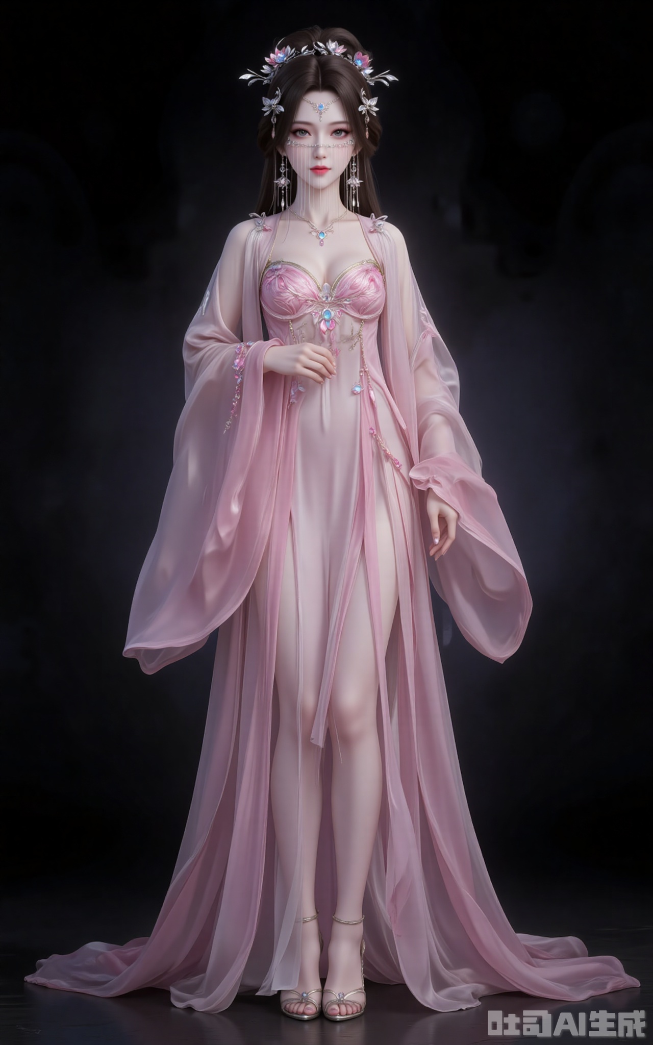 fuzhuang,1girl,solo,dress,chinese clothes,hanfu,pink dress,standing,long sleeves,jewelry,wide sleeves,black_background,simple background,high_heels,
cover,gradient background,close-up details,outstanding style,adding a touch of dimension to your images without compromising details,close-up,,lvjing,,
anmiaoyi,1girl,solo,jewelry,earrings,brown hair,looking at viewer,hair ornament,long hair,veil,large breasts,cleavage,mouth veil,
lvjing,baoshi,pifu,(shadow:1.2)