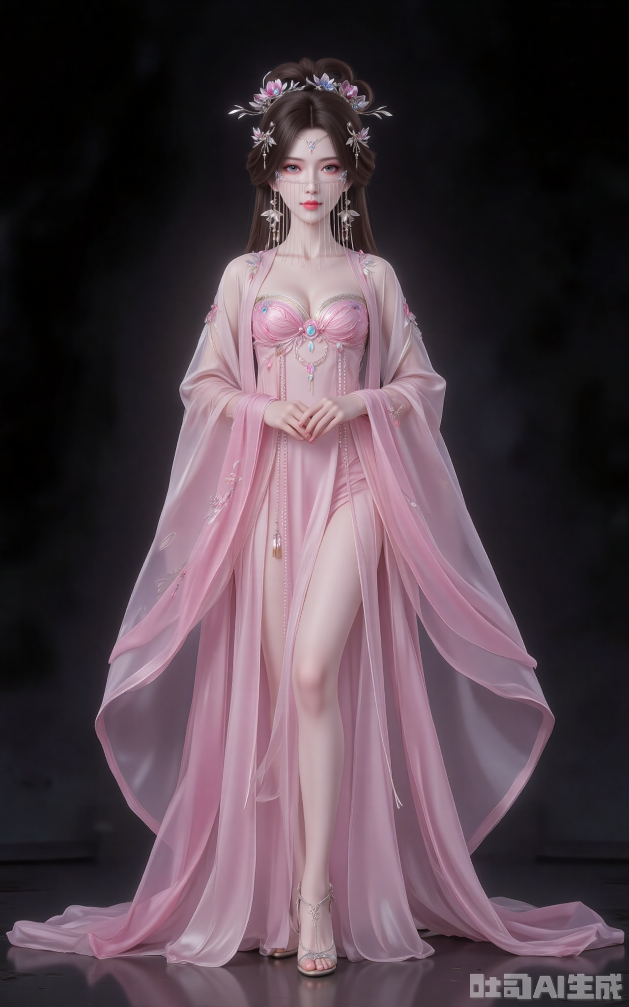 fuzhuang,1girl,solo,dress,chinese clothes,hanfu,pink dress,standing,long sleeves,jewelry,wide sleeves,black_background,simple background,high_heels,
cover,gradient background,close-up details,outstanding style,adding a touch of dimension to your images without compromising details,close-up,,lvjing,,
anmiaoyi,1girl,solo,jewelry,earrings,brown hair,looking at viewer,hair ornament,long hair,veil,large breasts,cleavage,mouth veil,
lvjing,baoshi,pifu,