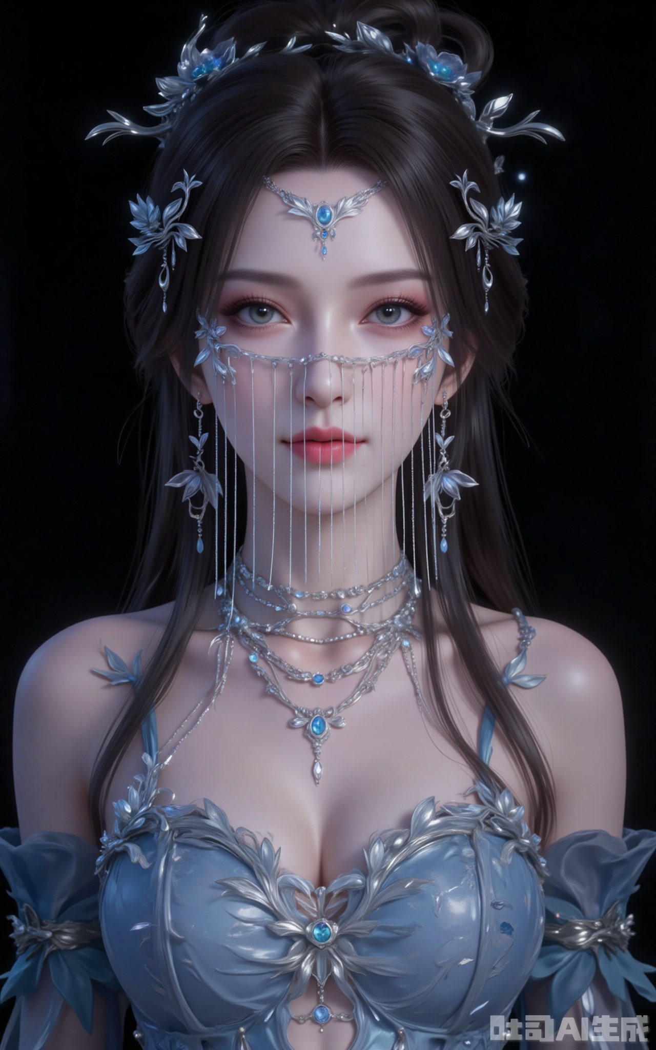 1girl,solo,jewelry,dress,skirt,necklace,earrings,bare shoulders,navel,blue dress,hair ornament,(full body:1.1),high_heels,black_background,
cover,gradient background,close-up details,outstanding style,adding a touch of dimension to your images without compromising details,close-up,,lvjing,,
anmiaoyi,1girl,solo,jewelry,earrings,brown hair,looking at viewer,hair ornament,long hair,veil,large breasts,cleavage,mouth veil,
lvjing,baoshi,pifu,