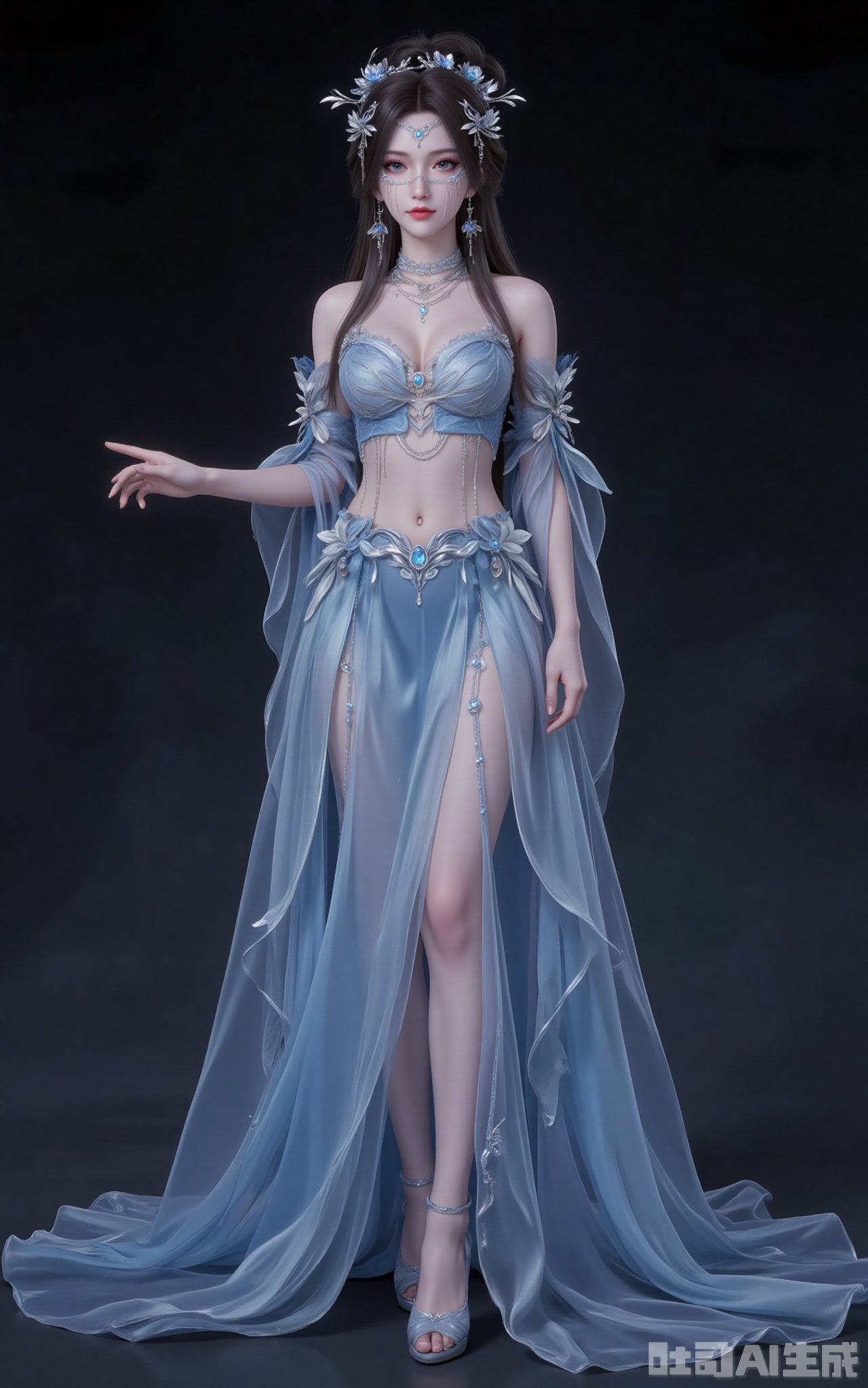 1girl,solo,jewelry,dress,skirt,necklace,earrings,bare shoulders,navel,blue dress,hair ornament,(full body:1.1),high_heels,black_background,
cover,gradient background,close-up details,outstanding style,adding a touch of dimension to your images without compromising details,close-up,,lvjing,,
anmiaoyi,1girl,solo,jewelry,earrings,brown hair,looking at viewer,hair ornament,long hair,veil,large breasts,cleavage,mouth veil,
lvjing,baoshi,pifu,