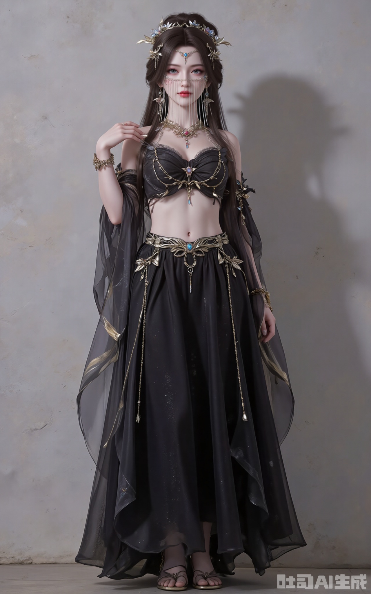 fuzhuang,1girl,solo,jewelry,bracelet,navel,skirt,midriff,necklace,long skirt,earrings,black skirt,standing,full body,armlet,
cover,gradient background,close-up details,outstanding style,adding a touch of dimension to your images without compromising details,close-up,,lvjing,, anmiaoyi,1girl,solo,jewelry,earrings,brown hair,looking at viewer,hair ornament,long hair,veil,large breasts,cleavage,mouth veil, lvjing,baoshi,pifu,(shadow:1.2)