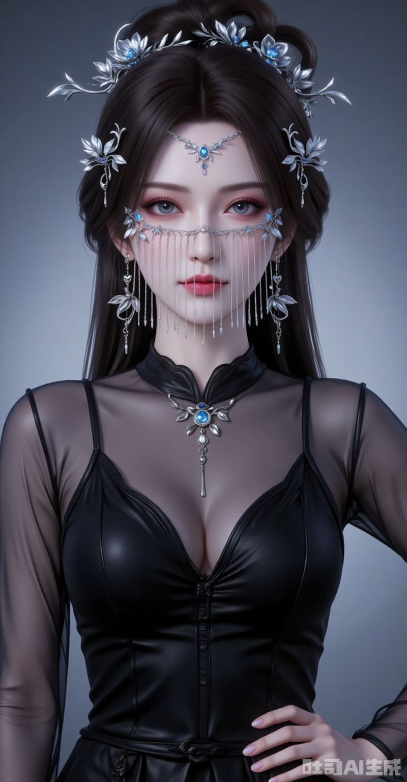 1girl,solo,jewelry,earrings,see-through,dress,upper body,black dress,hand on own hip,breasts,see-through sleeves,
cover,gradient background,close-up details,outstanding style,adding a touch of dimension to your images without compromising details,close-up,,lvjing,,
anmiaoyi,1girl,solo,jewelry,earrings,brown hair,looking at viewer,hair ornament,long hair,veil,large breasts,cleavage,mouth veil,
lvjing,baoshi,pifu,