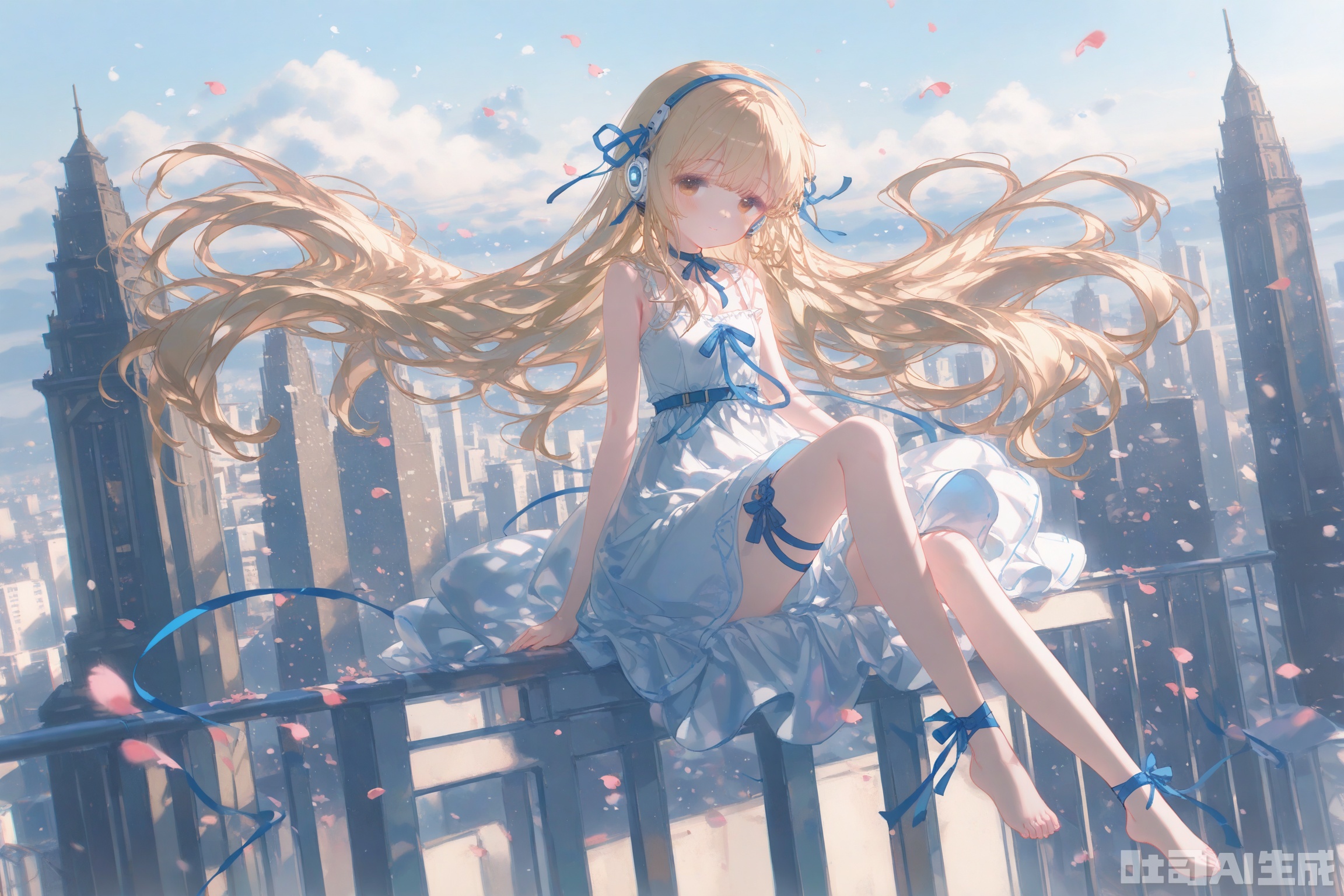 masterpiece,very aware,highres,absurdres,newest,best quality,loli,petite,high quality,chromatic_aberration,cinematic_angle,dutch angle, //,artist:ciloranko,artist:ningen_mame,artist:sho_(sho_lwlw),artist:rhasta,artist:wlop,artist:ke-ta,artist:hiten \(hitenkei\),//,1girl, solo, long hair, breasts, looking at viewer, bangs, blonde hair, dress, bow, ribbon, bare shoulders, brown eyes, sitting, very long hair, closed mouth, full body, sidelocks, outdoors, sky, barefoot, sleeveless, choker, day, cloud, white dress, feet, blue sky, legs, bare arms, petals, bare legs, thigh strap, toes, floating hair, sleeveless dress, arm support, blue ribbon, wind, building, knee up, city, railing, cityscape, ribbon choker, leg ribbon, blue choker, skyscraper, robot ears, ankle ribbon