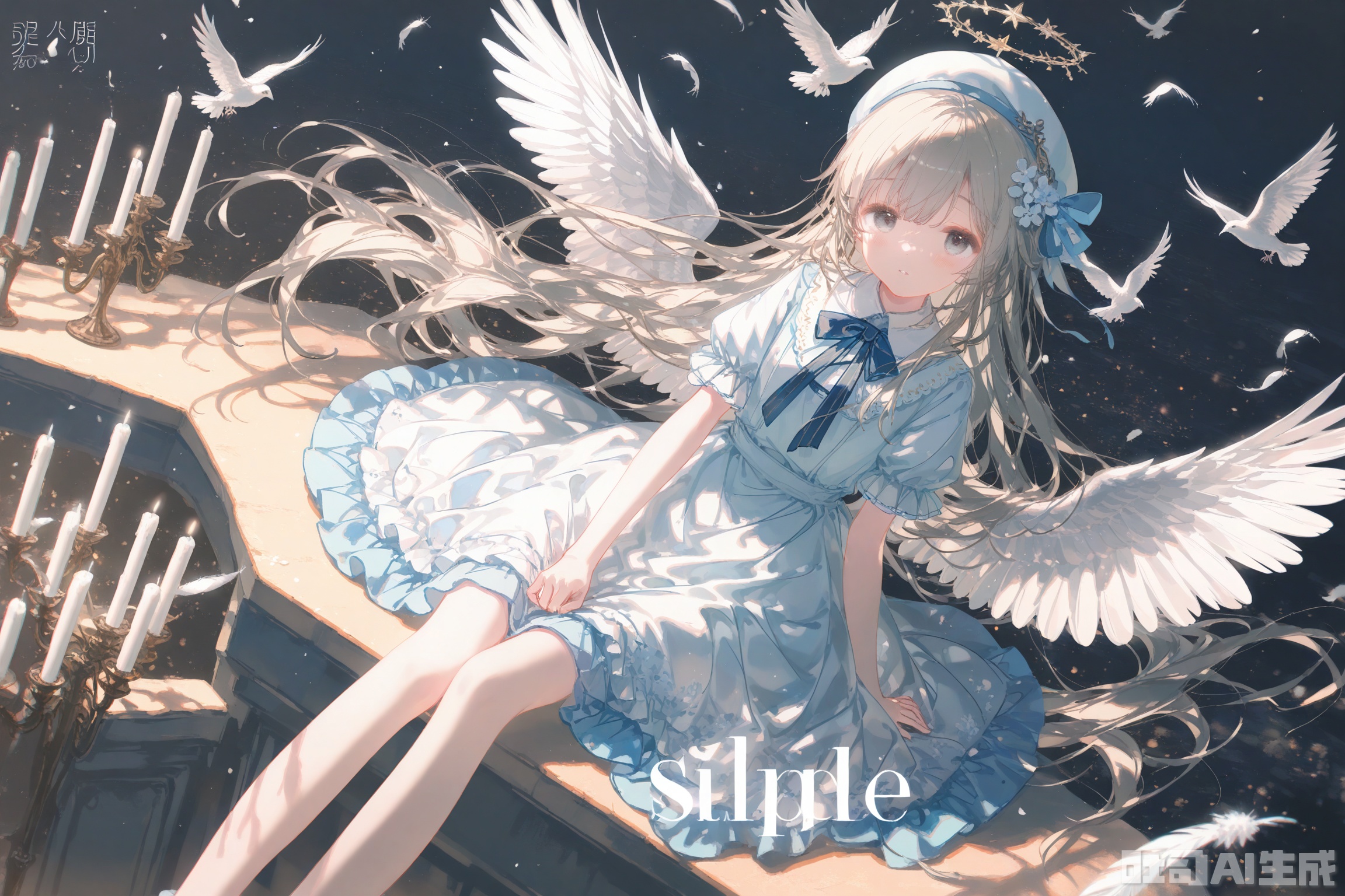 masterpiece,very aware,highres,absurdres,newest,best quality,loli,petite,high quality,chromatic_aberration,cinematic_angle,dutch angle, //,artist:ciloranko,artist:ningen_mame,artist:sho_(sho_lwlw),artist:rhasta,artist:wlop,artist:ke-ta,artist:hiten \(hitenkei\),//,1girl, solo, long hair, looking at viewer, bangs, hat, dress, sitting, short sleeves, grey hair, frills, parted lips, wings, puffy sleeves, white dress, english text, puffy short sleeves, grey eyes, bird, white headwear, feathered wings, angel wings, white wings, candle