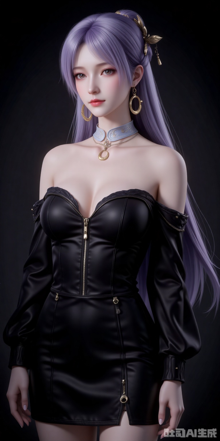 1girl,solo,breasts,cleavage,dress,large breasts,black dress,cowboy shot,partially unzipped,short dress,zipper,looking at viewer,long sleeves, 
cover,gradient background,close-up details,outstanding style,adding a touch of dimension to your images without compromising details,close-up,,lvjing,,
jiziyue,1girl,solo,jewelry,earrings,crescent,long hair,light purple hair,looking at viewer,hair ornament,black background,crescent earrings,brown eyes,bare shoulders,realistic,closed mouth,collarbone,lips,detached collar,
lvjing,baoshi,pifu,(shadow:1.2)