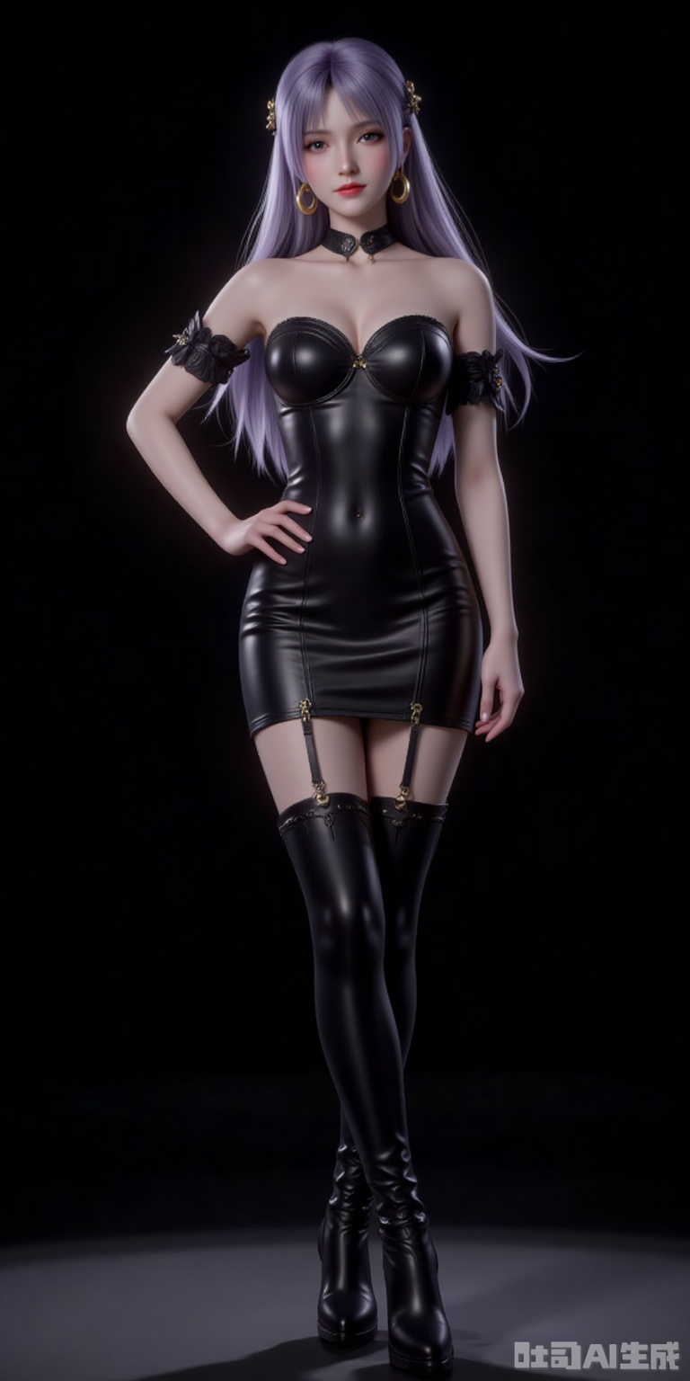 1girl,solo,dress,earrings,jewelry,black hair,boots,long hair,hand on own hip,thigh boots,full body,black footwear,latex,black dress,detached sleeves,bare shoulders,strapless,short dress,thighhighs,shiny clothes,looking at viewer,strapless dress,standing,hoop earrings,breasts,red lips,nail polish,high heels,leather,pencil dress,high heel boots, 
cover,gradient background,close-up details,outstanding style,adding a touch of dimension to your images without compromising details,close-up,,lvjing,,
jiziyue,1girl,solo,jewelry,earrings,crescent,long hair,light purple hair,looking at viewer,hair ornament,black background,crescent earrings,brown eyes,bare shoulders,realistic,closed mouth,collarbone,lips,detached collar,
lvjing,baoshi,pifu,(shadow:1.2)