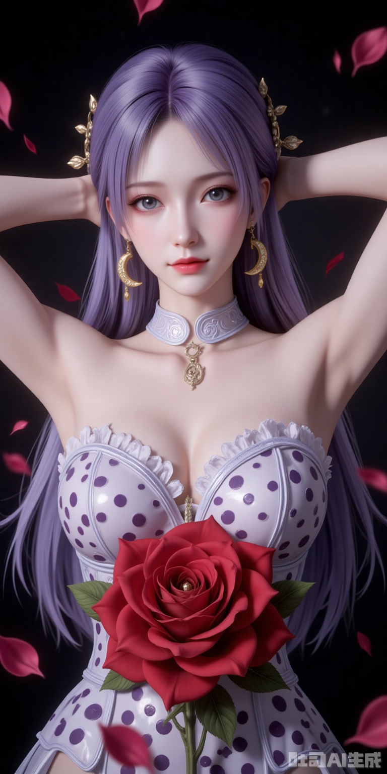  1girl, breasts, solo, polka dot, flower, dress, rose, polka dot dress, large breasts, red flower, armpits, petals, red rose, arms up, sideboob, sleeveless, frills, rose petals, 
cover,gradient background,close-up details,outstanding style,adding a touch of dimension to your images without compromising details,close-up,,lvjing,,
jiziyue,1girl,solo,jewelry,earrings,crescent,long hair,light purple hair,looking at viewer,hair ornament,black background,crescent earrings,brown eyes,bare shoulders,realistic,closed mouth,collarbone,lips,detached collar,
lvjing,baoshi,pifu,(shadow:1.2)