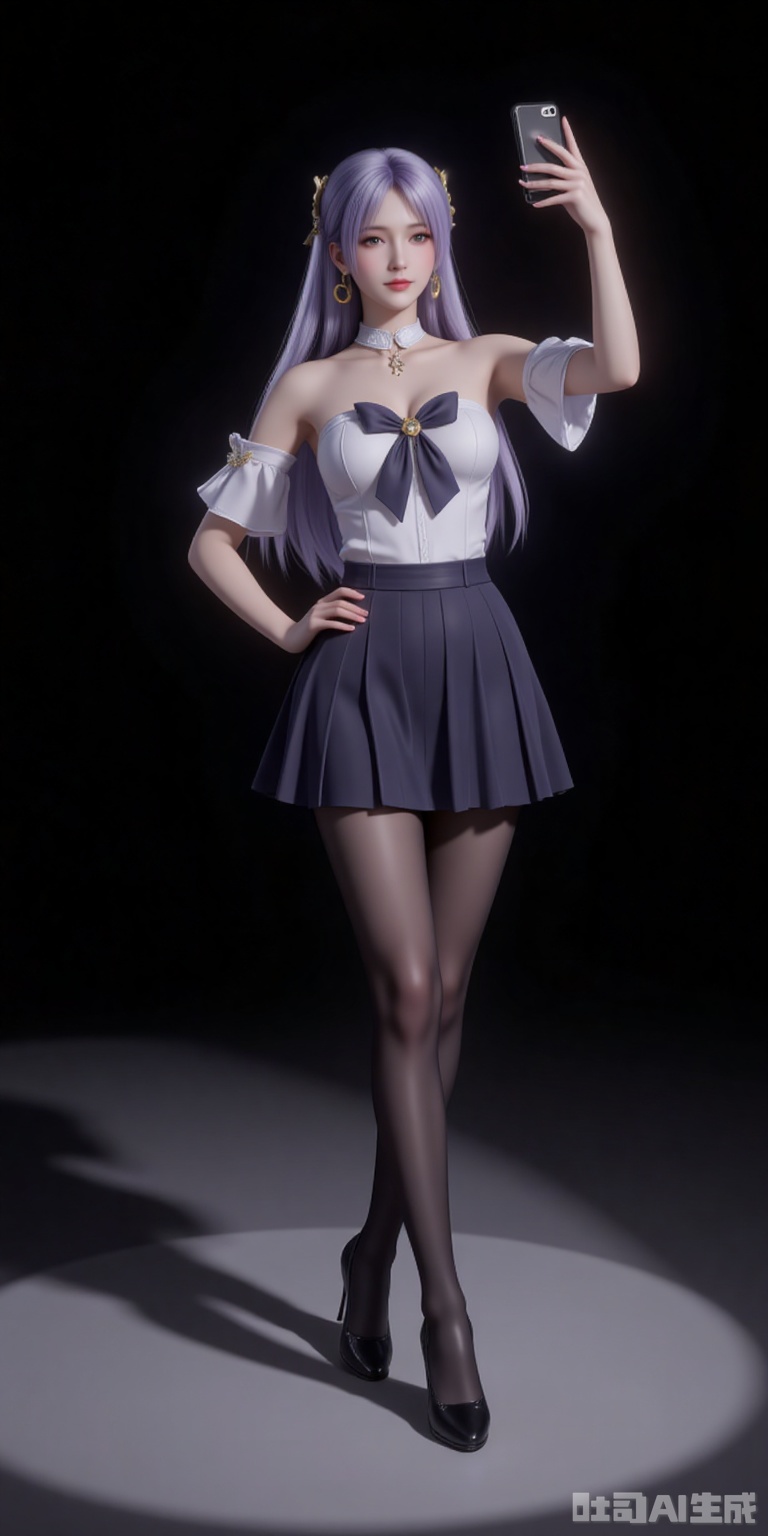 1girl, pantyhose, solo, school uniform, skirt, phone, selfie, cellphone, serafuku, smartphone, holding phone, black pantyhose, high heels, full body, holding, bow, crossed legs, standing, 3/4 view ,
cover,gradient background,close-up details,outstanding style,adding a touch of dimension to your images without compromising details,close-up,,lvjing,,
jiziyue,1girl,solo,jewelry,earrings,crescent,long hair,light purple hair,looking at viewer,hair ornament,black background,crescent earrings,brown eyes,bare shoulders,realistic,closed mouth,collarbone,lips,detached collar,
lvjing,baoshi,pifu,(shadow:1.2)