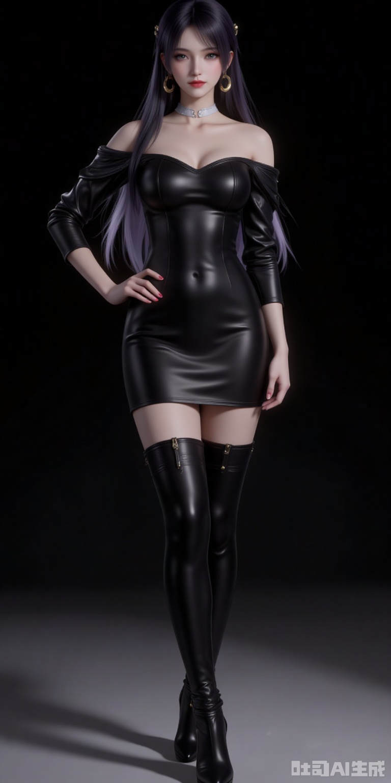 1girl,solo,dress,earrings,jewelry,black hair,boots,long hair,hand on own hip,thigh boots,full body,black footwear,latex,black dress,detached sleeves,bare shoulders,strapless,short dress,thighhighs,shiny clothes,looking at viewer,strapless dress,standing,hoop earrings,breasts,red lips,nail polish,high heels,leather,pencil dress,high heel boots, 
cover,gradient background,close-up details,outstanding style,adding a touch of dimension to your images without compromising details,close-up,,lvjing,,
jiziyue,1girl,solo,jewelry,earrings,crescent,long hair,light purple hair,looking at viewer,hair ornament,black background,crescent earrings,brown eyes,bare shoulders,realistic,closed mouth,collarbone,lips,detached collar,
lvjing,baoshi,pifu,(shadow:1.2)