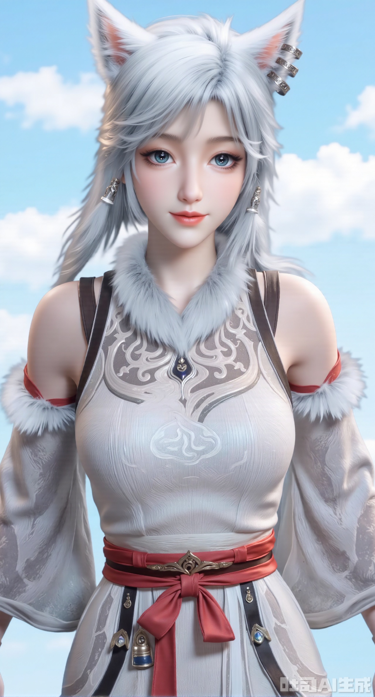(masterpiece, best quality:1.2),1girl,long hair,breast,medium breast,hair_ornament,dress,thick_thighs,sitting,animal ears,earrings,blue eyes,smile,white hair,cat ears,bare shoulders,grey eyes,fur trim,miqo'te,blue_sky,cloudy,flower,very flowers,many flowers,,(gigantic breasts:2.99),(full breasts:2.99),XyunwangshuY,Xyanqingfei,Xbigbreasts,XyinyueX,Xnvwashenian