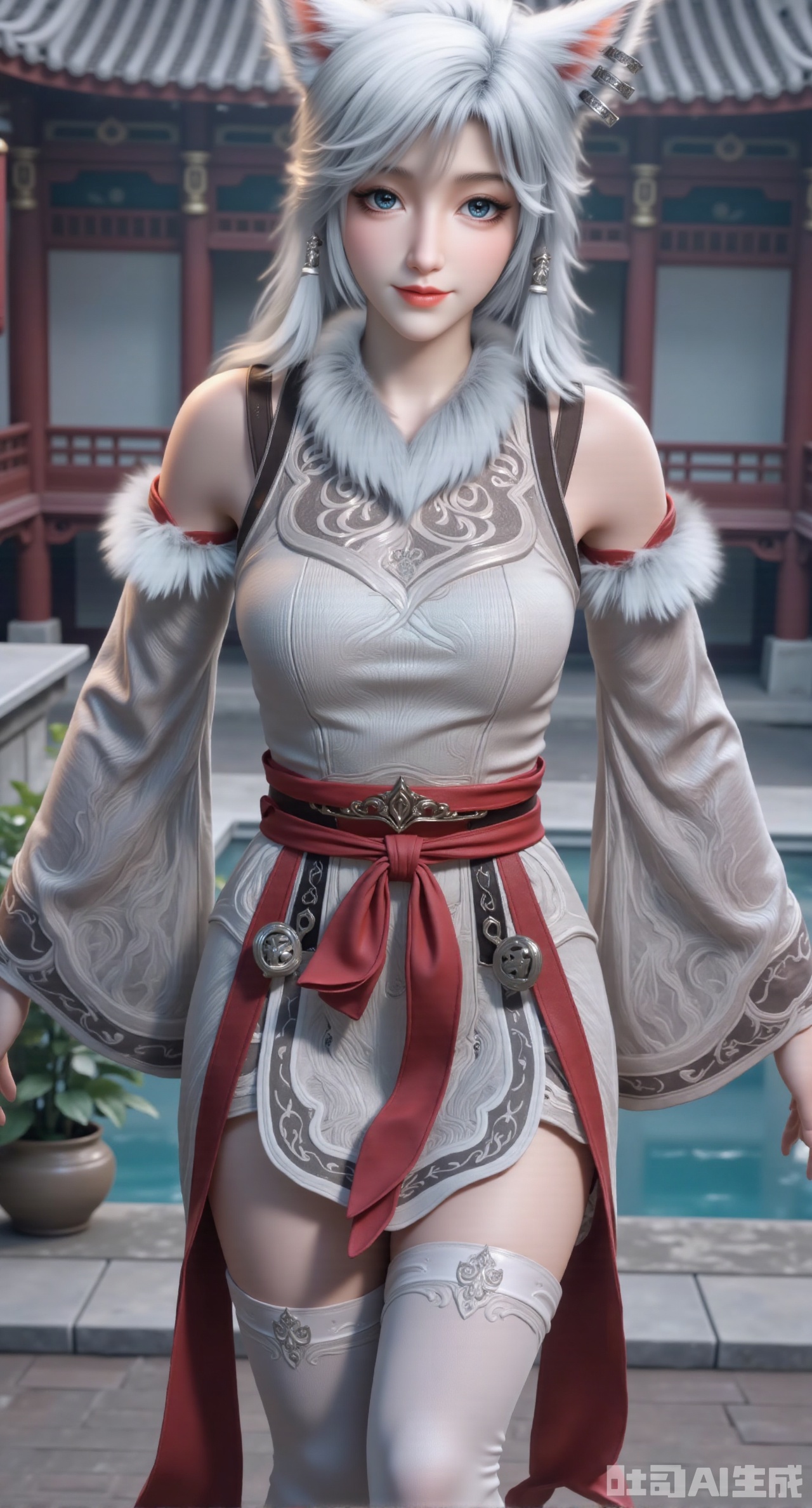 (masterpiece, best quality:1.2),Super realistic style, 8K fine picture quality, delicate light and shadow: long silver-white hair, plush fox ears with pink and white ears (small decoration on the ears), delicate and gentle smile; wearing a light gray off-shoulder ancient style long skirt, brown shoulder straps, symmetrical patterns on the chest, flared sleeves (plus edges on the cuffs are set in red), red wide belts are tied around the waist, and dark patterns on the skirt body; the background is a classical courtyard, pool and stone buildings, hazy and dark atmosphere; the overall picture is exquisite and realistic, the hair and fabric texture are realistic, and the details are rich.,(gigantic breasts:2.99),(full breasts:2.99),XyunwangshuY,Xyanqingfei,Xbigbreasts,XyinyueX,Xnvwashenian