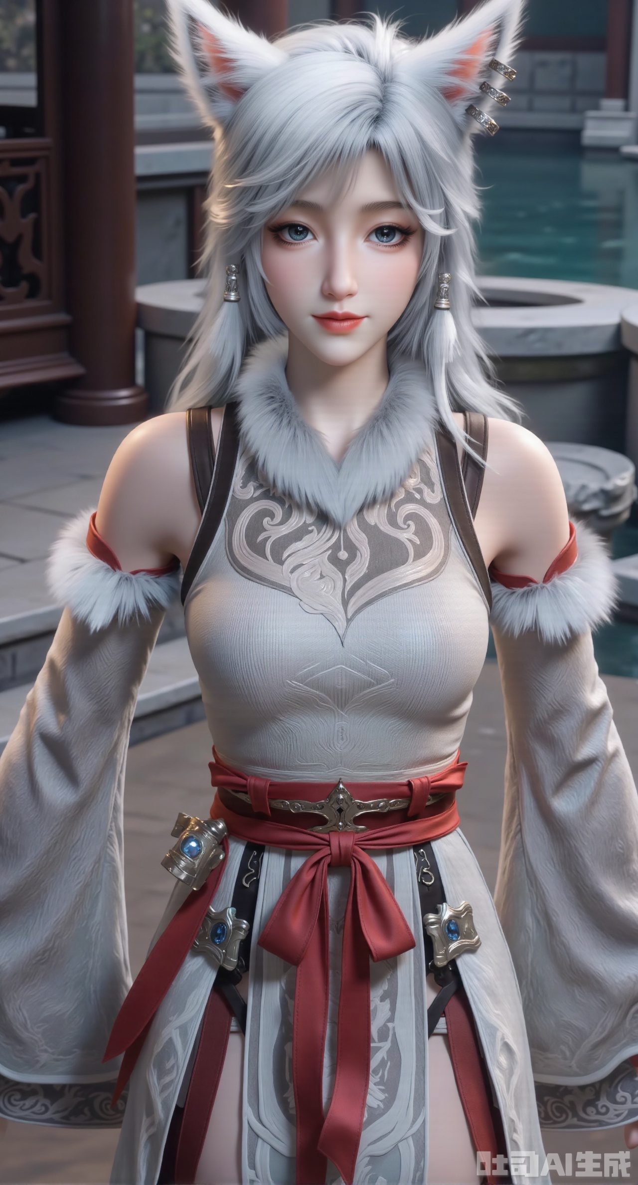 (masterpiece, best quality:1.2),Super realistic style, 8K fine picture quality, delicate light and shadow: long silver-white hair, plush fox ears with pink and white ears (small decoration on the ears), delicate and gentle smile; wearing a light gray off-shoulder ancient style long skirt, brown shoulder straps, symmetrical patterns on the chest, flared sleeves (plus edges on the cuffs are set in red), red wide belts are tied around the waist, and dark patterns on the skirt body; the background is a classical courtyard, pool and stone buildings, hazy and dark atmosphere; the overall picture is exquisite and realistic, the hair and fabric texture are realistic, and the details are rich.,(gigantic breasts:2.99),(full breasts:2.99),XyunwangshuY,Xyanqingfei,Xbigbreasts,XyinyueX,Xnvwashenian
