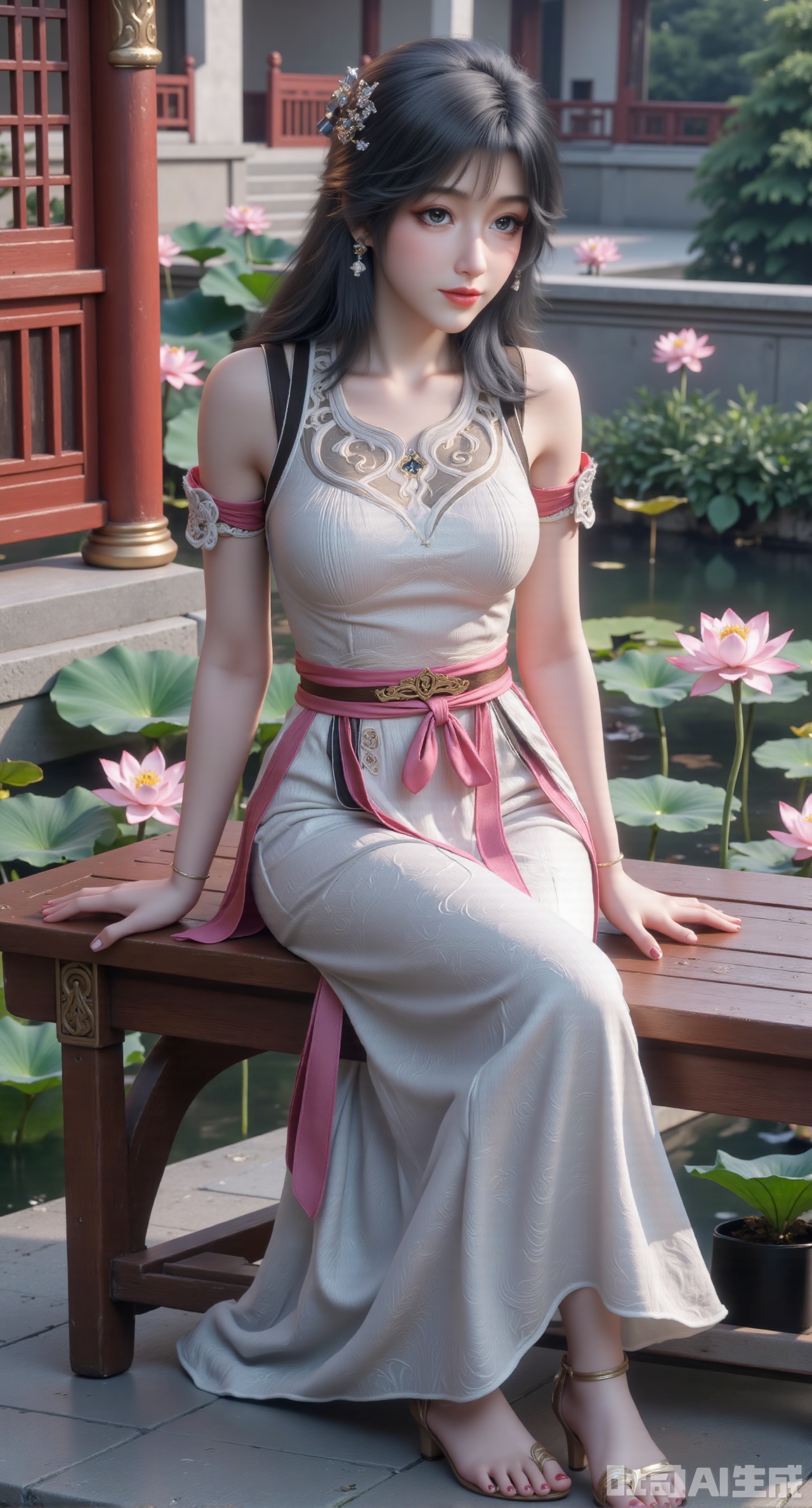 (masterpiece:1.2),best quality,The image is a digital illustration of a young woman sitting on a wooden bench in a pond with lily pads. She is wearing a long dress with design on the chest and sleeves. The dress has a high neckline and short sleeves,Holding a lotus in hand. She has long dark hair styled in loose waves and is wearing gold high heels. The woman is posing with one hand on her hip and the other resting on the edge of the bench. The background is filled with pink and white lotus flowers and green leaves. The overall mood of the image is peaceful and serene,(huge breasts:2.99),(full breasts:2.99),(Background with traditional Chinese architecture, lotus pond and pink lotus flowers:1.39),,XyunwangshuY,Xyanqingfei,Xbigbreasts,XyinyueX,Xnvwashenian