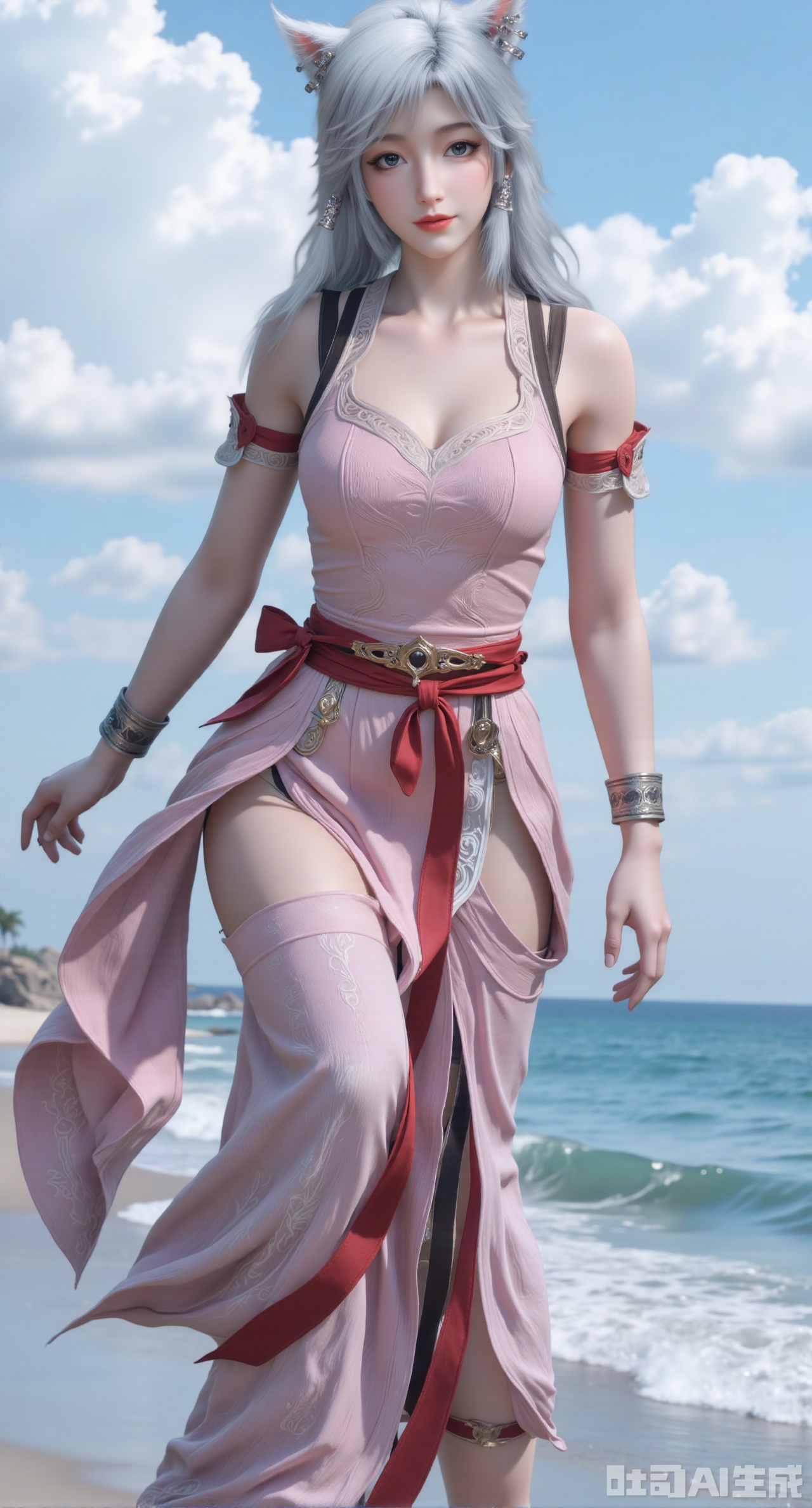 masterpiece, best quality, 1girl,solo,looking at viewer,( outdoor:1.3),sea,beach,realistic,midriff,bare shoulders,standting,hair ornament,long hair,jewelry,long dress,cowboy shot, (huge breasts, full breasts:2.99),,XyunwangshuY,Xyanqingfei,Xbigbreasts,XyinyueX,Xnvwashenian