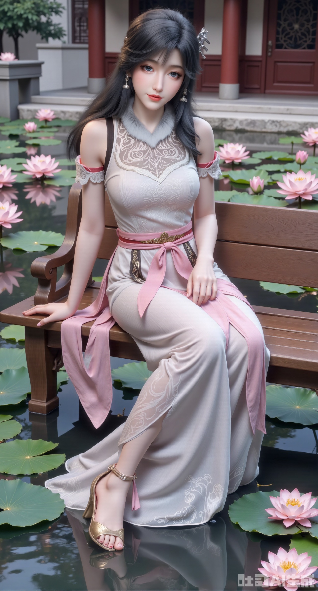 (masterpiece:1.2),best quality,The image is a digital illustration of a young woman sitting on a wooden bench in a pond with lily pads. She is wearing a long dress with design on the chest and sleeves. The dress has a high neckline and short sleeves,Holding a lotus in hand. She has long dark hair styled in loose waves and is wearing gold high heels. The woman is posing with one hand on her hip and the other resting on the edge of the bench. The background is filled with pink and white lotus flowers and green leaves. The overall mood of the image is peaceful and serene,(huge breasts:2.99),(full breasts:2.99),(Background with traditional Chinese architecture, lotus pond and pink lotus flowers:1.39),,XyunwangshuY,Xyanqingfei,Xbigbreasts,XyinyueX,Xnvwashenian