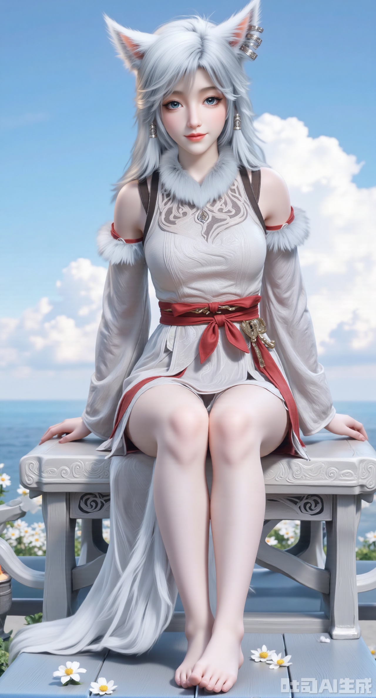 (masterpiece, best quality:1.2),1girl,long hair,breast,medium breast,hair_ornament,dress,thick_thighs,sitting,animal ears,earrings,blue eyes,smile,white hair,cat ears,bare shoulders,grey eyes,fur trim,miqo'te,blue_sky,cloudy,flower,very flowers,many flowers,,(gigantic breasts:2.99),(full breasts:2.99),XyunwangshuY,Xyanqingfei,Xbigbreasts,XyinyueX,Xnvwashenian