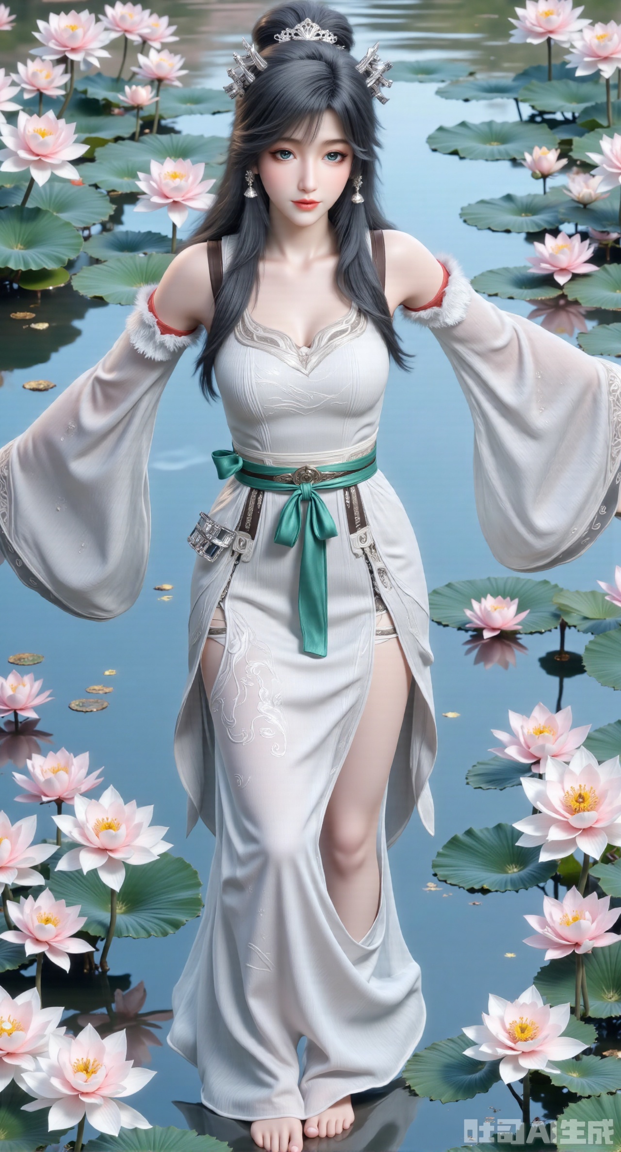 Barefoot,The best quality, ultra-high resolution, masterpiece, original, extremely fine wallpaper, perfect light effect, this is a digital illustration, vertical full-body portrait, densely packed with white flowers, creating a rich and textured background. In the center of the picture, a beautiful Chinese woman is in the white flowers, making her look like she is part of a garden full of flowers. The flowers around her add depth and sense of encirclement to the picture and enhance the layering of the composition. Her stunning white evening gown echoes the purity and elegance of the surrounding flowers. The woman was facing the camera, among the lush flowers, her eyes were charming and quiet. The dense floral background and capture of the woman's whole body highlight the exquisite fusion of human elegance and nature. The long black green hair is straight, the picture has blur and halo effects, and butterflies embellish it. She has an angel's beautiful face and a perfect female figure (a skirt composed of flowers, intensity coefficient, translucent body, transparent petals, glowing petals, gradient effect, contour light, particles, award-winning artwork. She has fair skin tone, fine black details and soft and flowing hair carefully combed to complex hair accessories, with gorgeous details. She is in a bright garden with gorgeous flowers, a blue sky, and deep and rich tones.), her head is decorated with exquisite and complex hair accessories, and some tulle fabrics naturally hang down, creating a dreamy feeling, exquisite and unique. The overall look shows the beauty and tenderness of a girl, just like a fairy in a fairy tale, exuding charm. This charming character is portrayed in a surreal style. She has elegant movements, and the overall style of this illustration is extremely delicate, focusing on the combination of realistic and fantasy elements.(Suzhou Garden Lotus Pond,pink lotus,green Lotus Leaf:1.39),(huge breasts:2.99), (full breasts:2.99),,XyunwangshuY,Xyanqingfei,Xbigbreasts,XyinyueX,Xnvwashenian