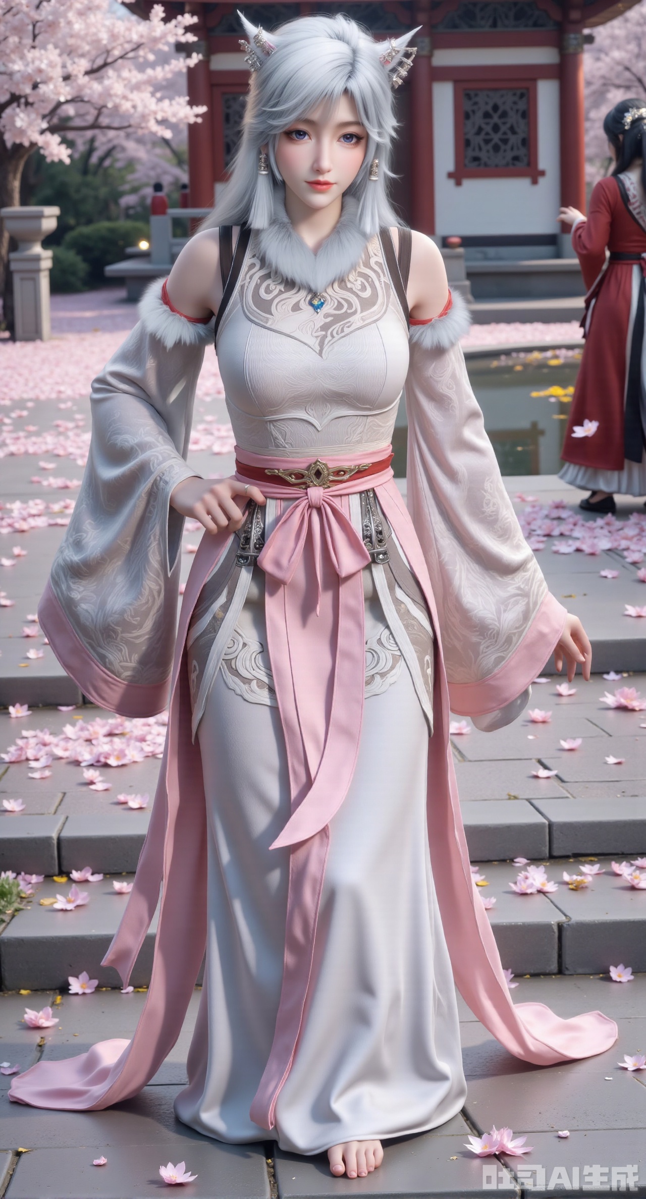 (masterpiece, best quality:1.2),1girl, solo, long hair, breasts, looking at viewer, large breasts, hair ornament, dress, bare shoulders, jewelry, purple eyes, long hair, flower, earrings, outdoors, parted lips, necklace, hand on hip, petals, hanfu dress, cherry blossoms, long dress, architecture, east asian architecture, falling petals,(gigantic breasts:2.99),(full breasts:2.99),XyunwangshuY,Xyanqingfei,Xbigbreasts,XyinyueX,Xnvwashenian